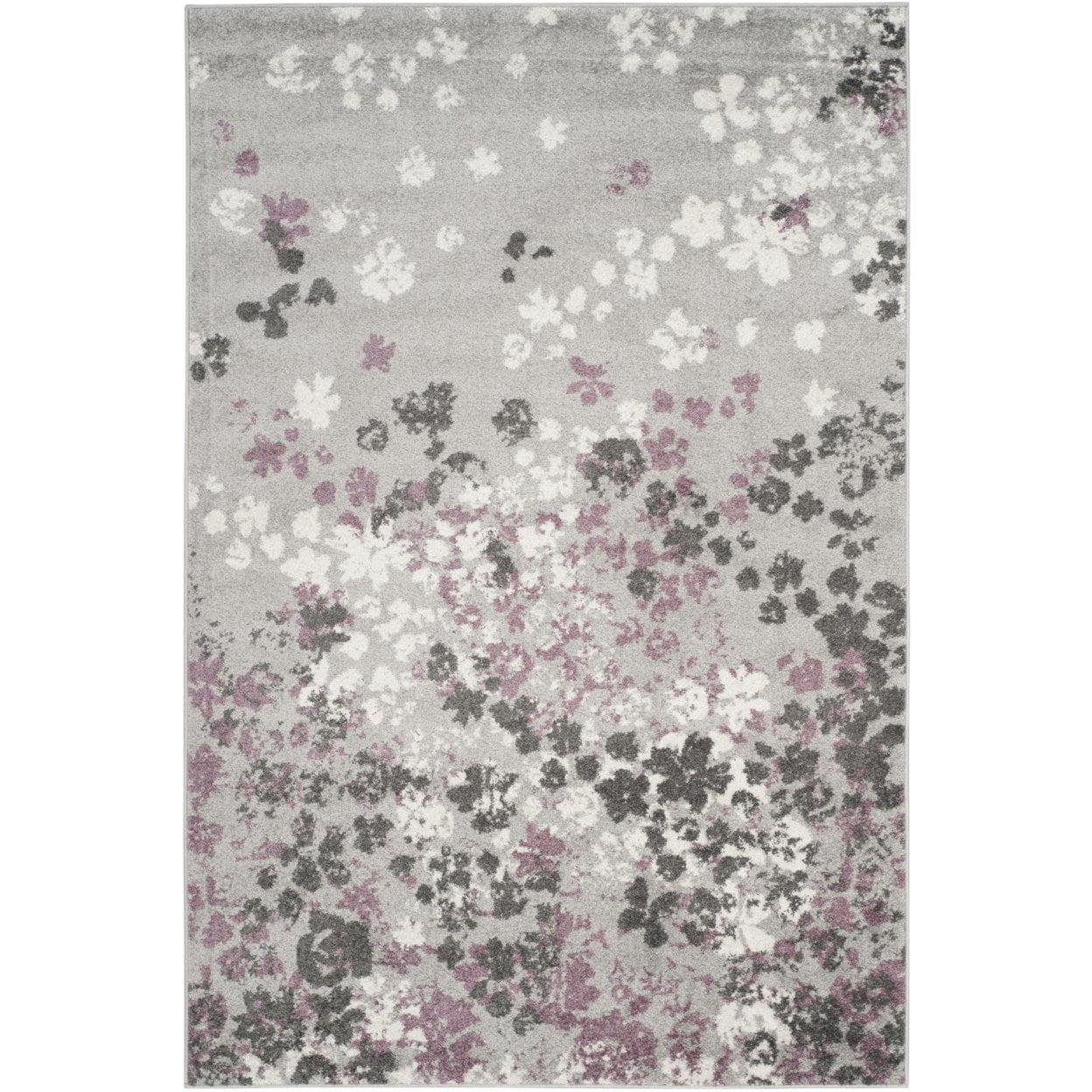 Light Grey and Purple Floral Synthetic Area Rug