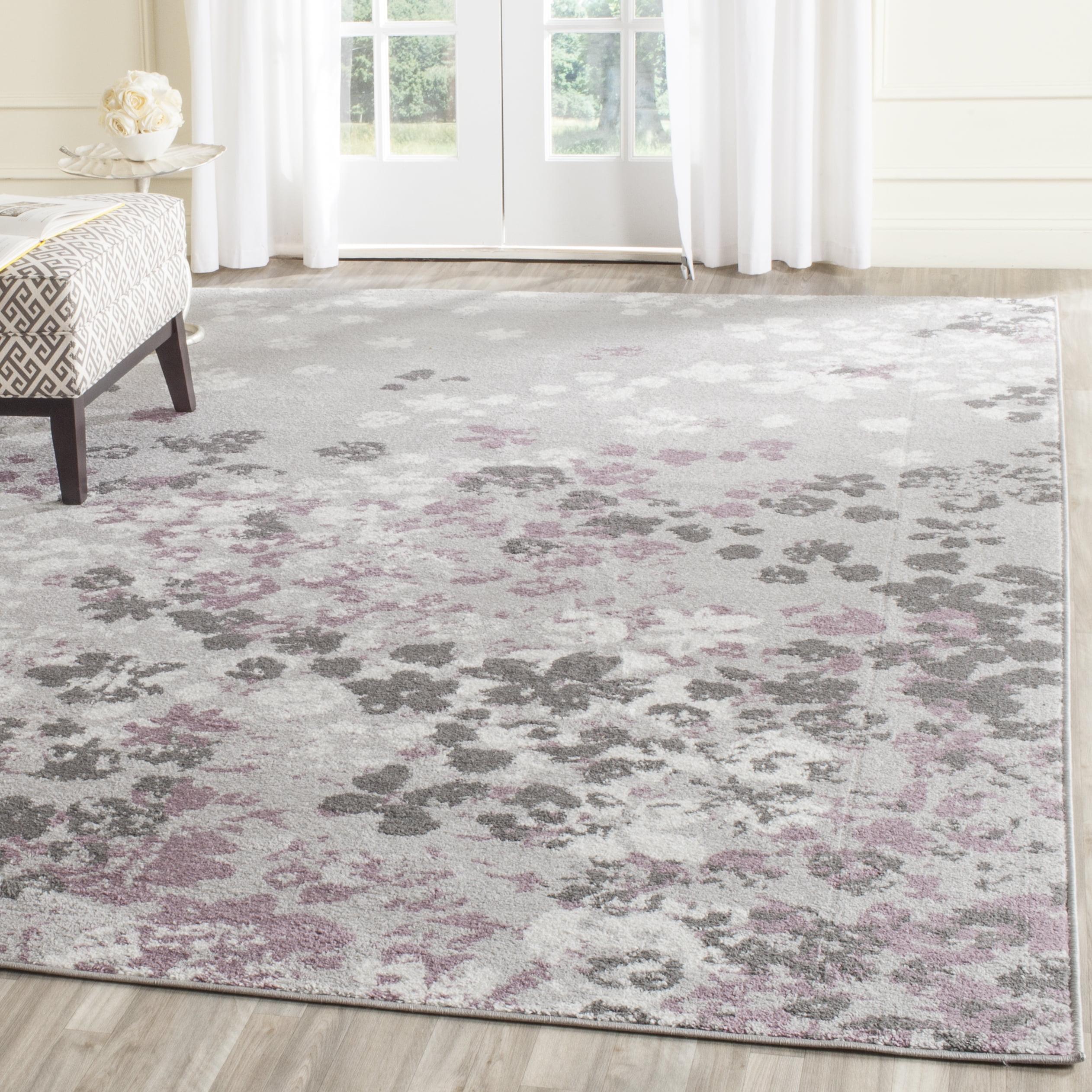 Light Grey and Purple Floral Synthetic Square Area Rug