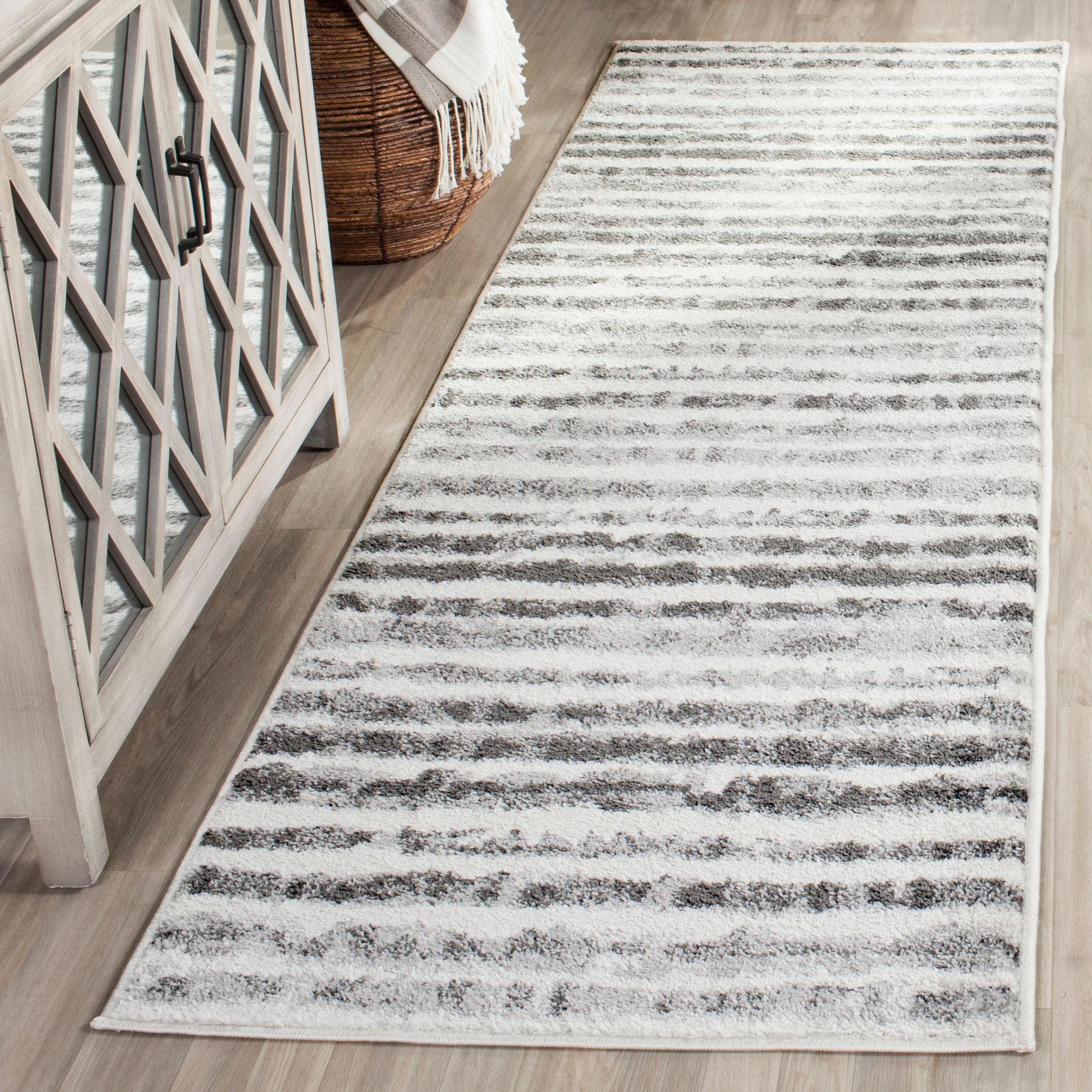 Ivory and Charcoal Striped Synthetic Runner Rug, 2'6" x 6'