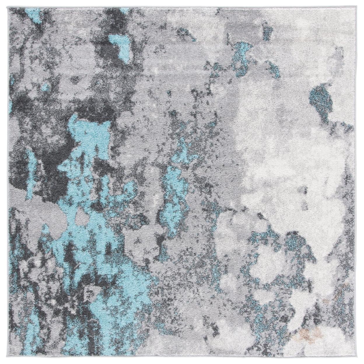 Turquoise and Grey Square Abstract Area Rug, 6' x 6'