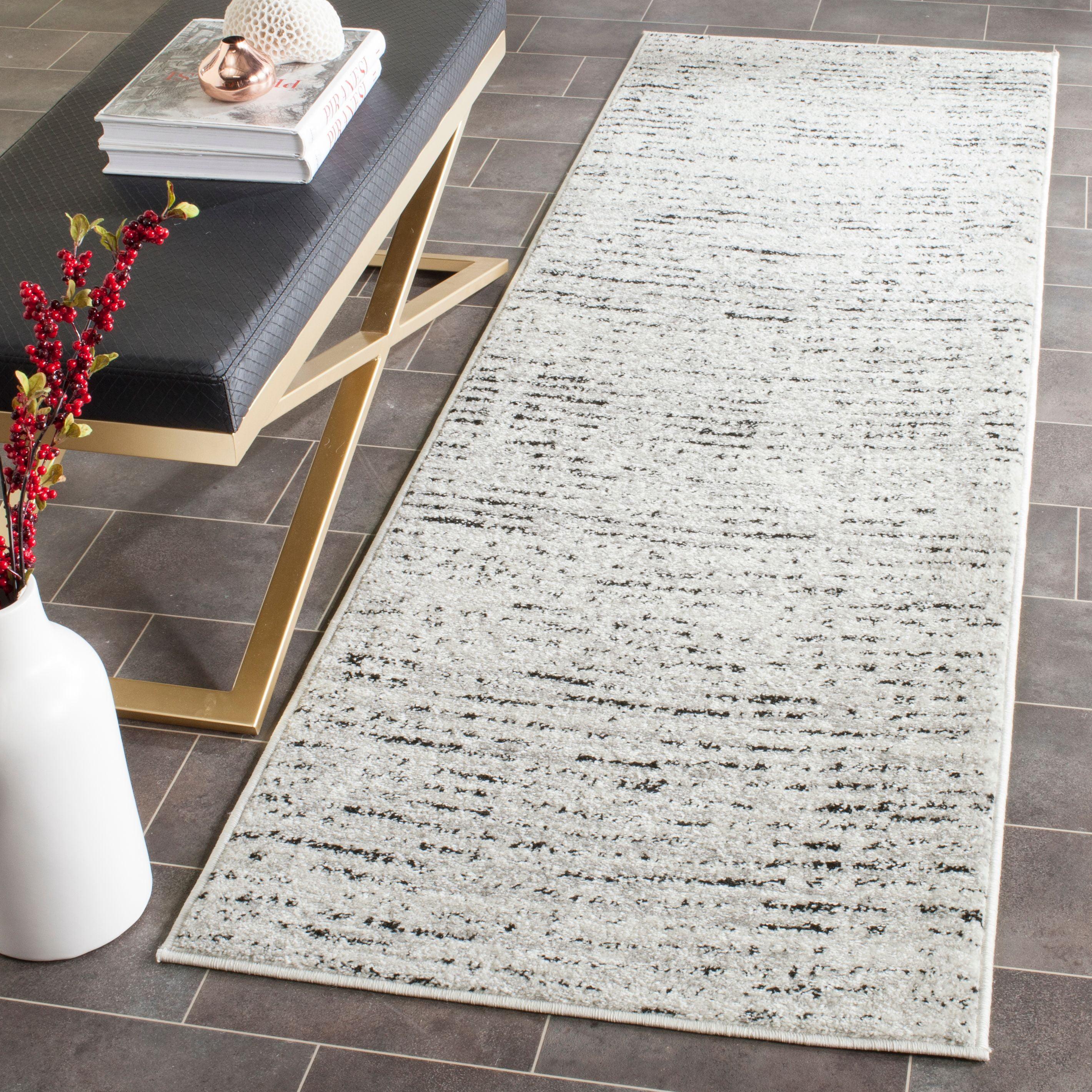 Ivory and Silver Low Pile Synthetic Runner Rug