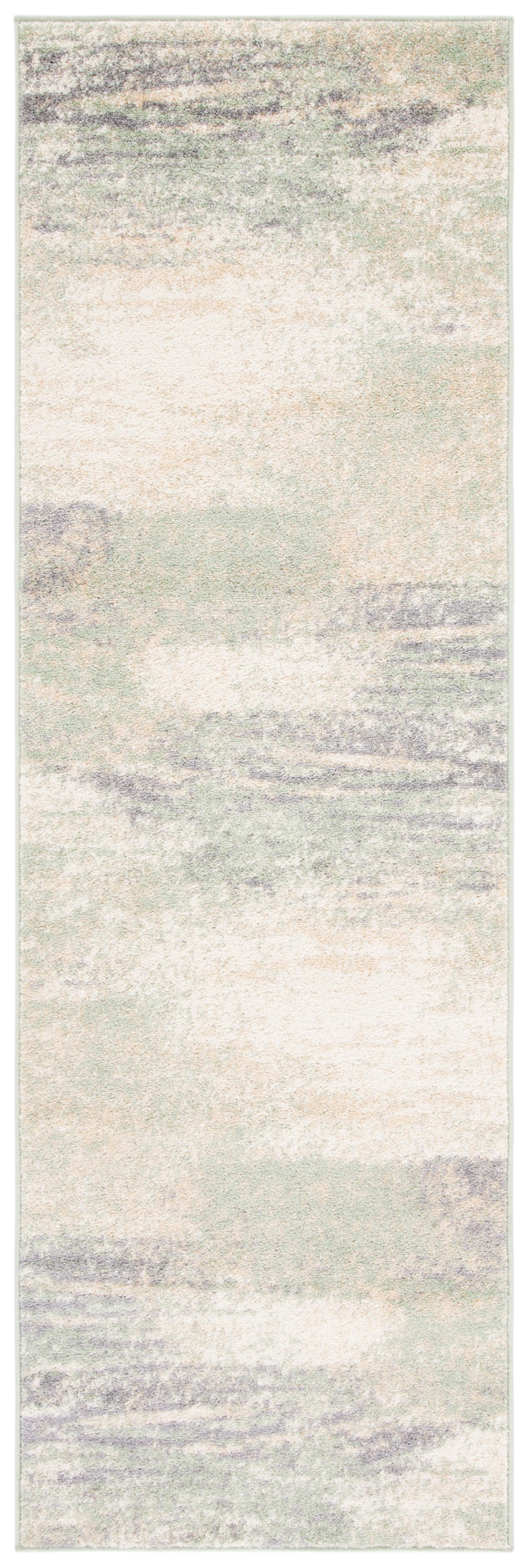 Ivory and Sage Abstract Hand-knotted Runner Rug