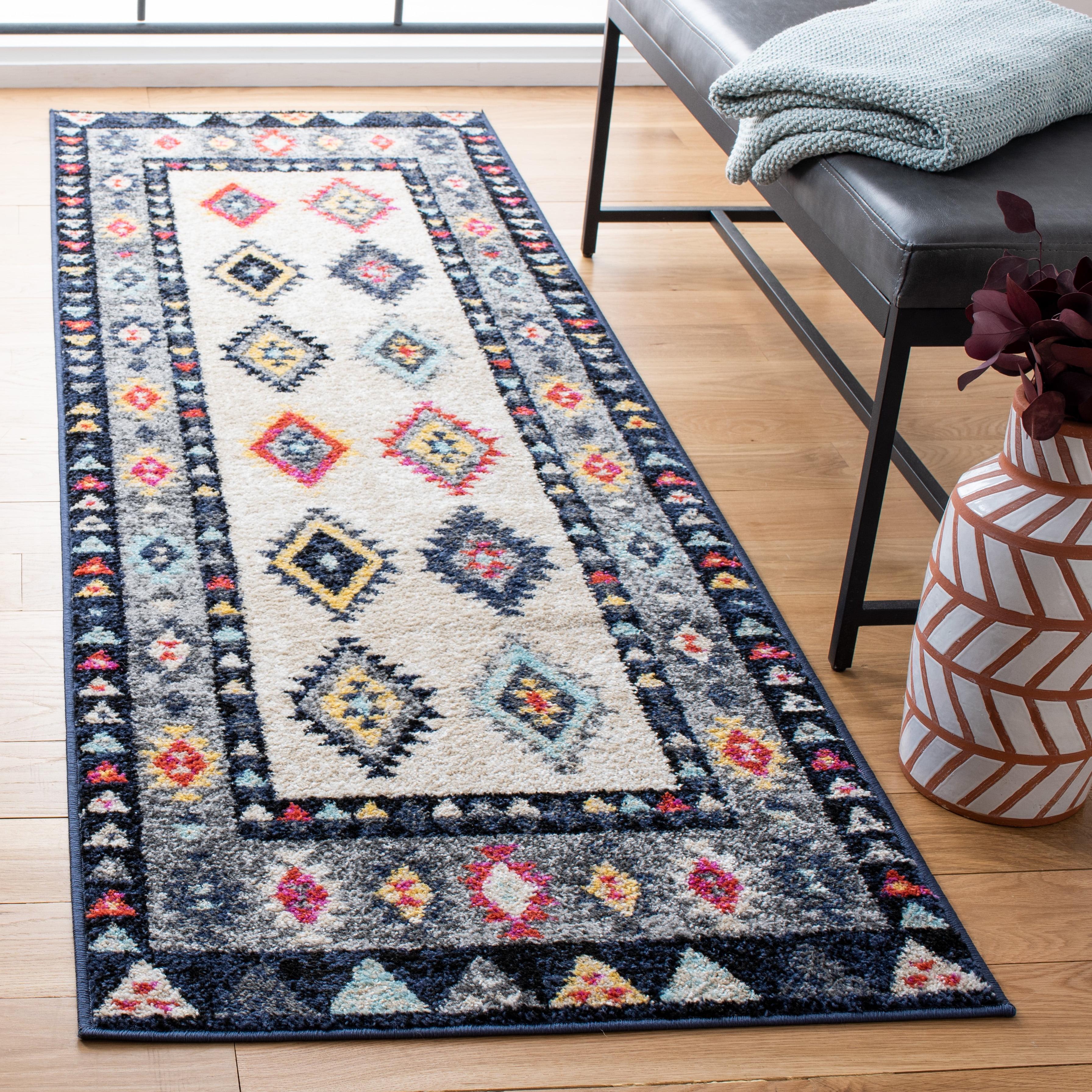 Ivory and Grey Boho Tribal Runner Rug with Multicolor Accents