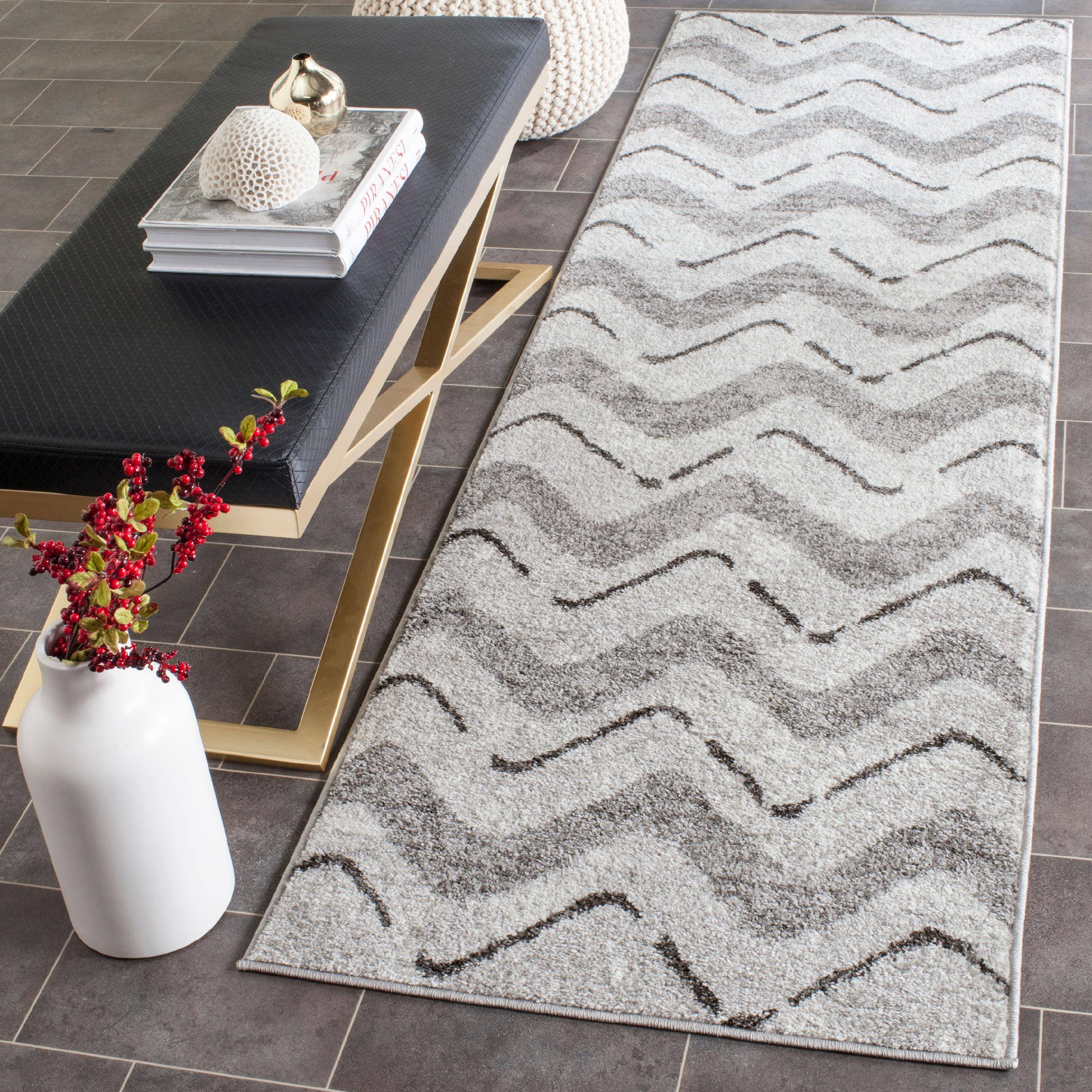 Silver and Charcoal Chevron Synthetic Area Rug, 2'6" x 6'