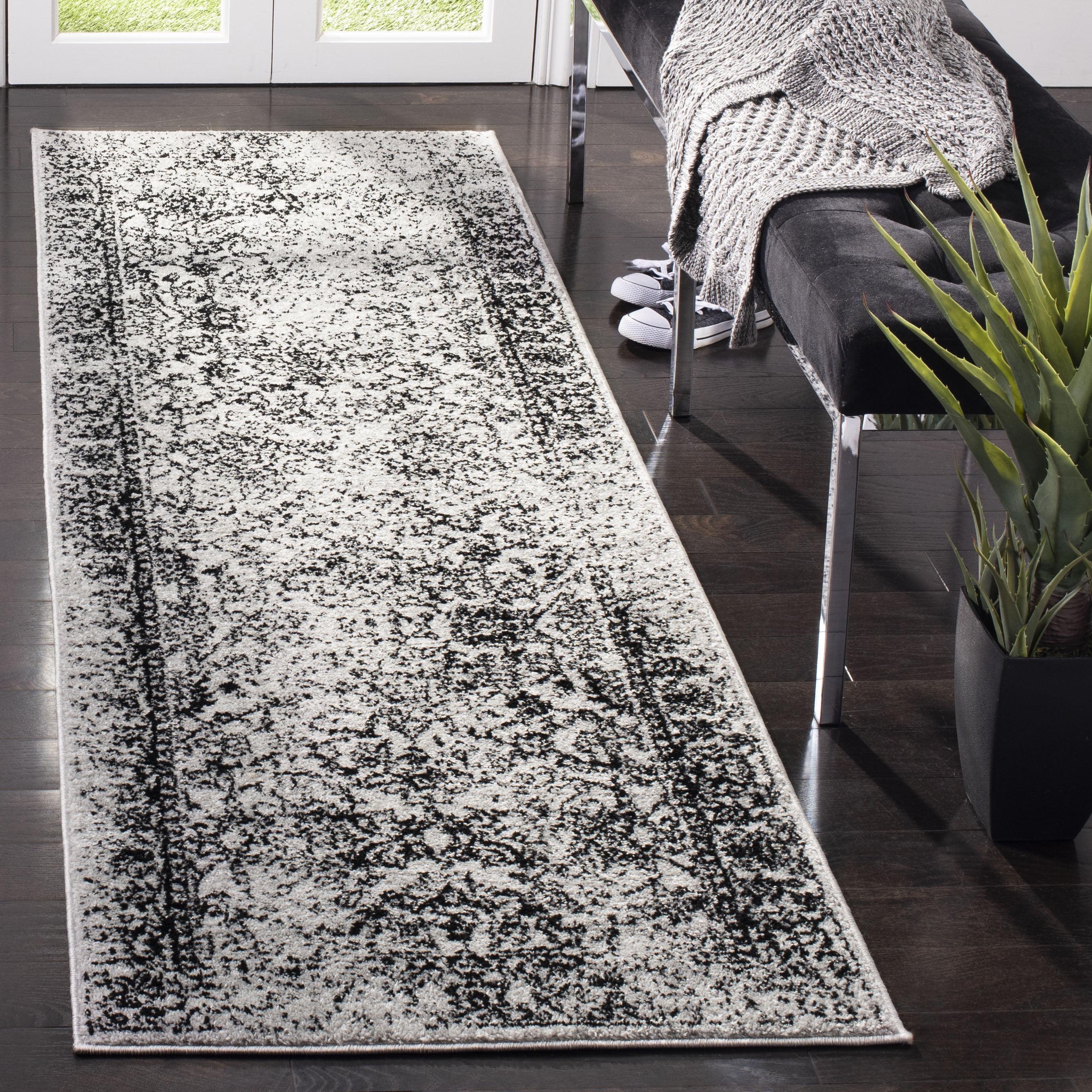 Grey and Black Hand-knotted Synthetic Runner Rug