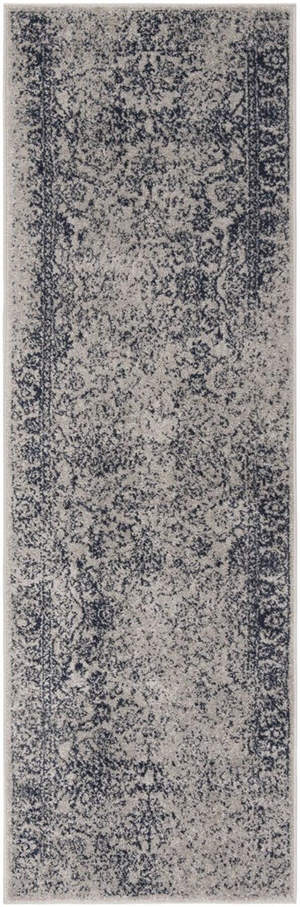 Grey and Navy Oriental Easy Care Runner Rug