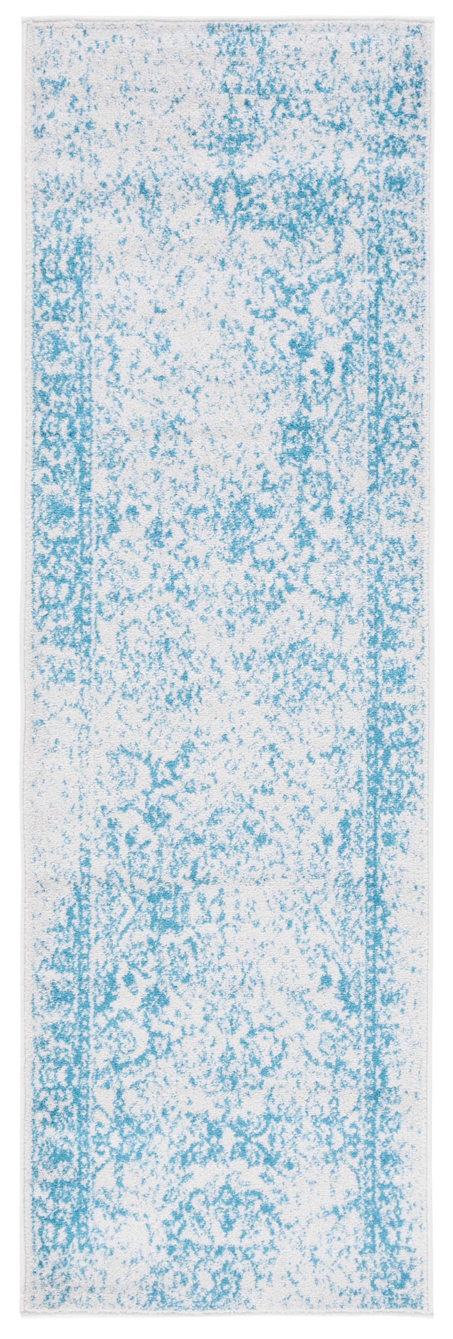 Ivory and Teal Hand-Knotted Synthetic Runner Rug