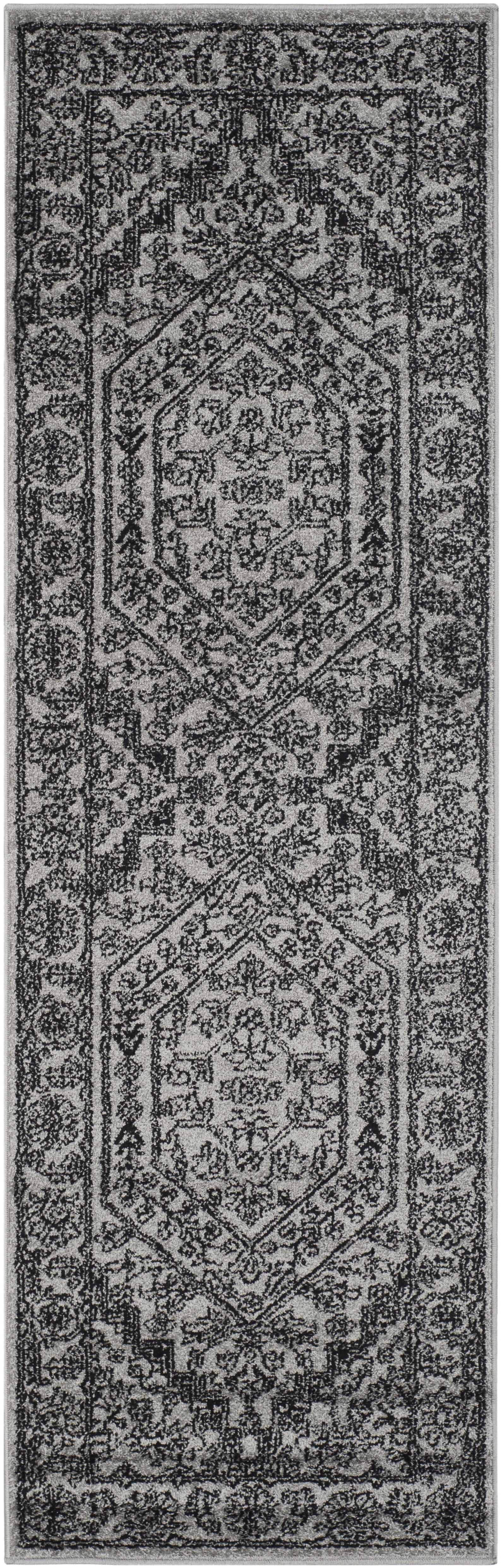 Silver and Black Medallion Synthetic Runner Rug, 2'6" x 16'