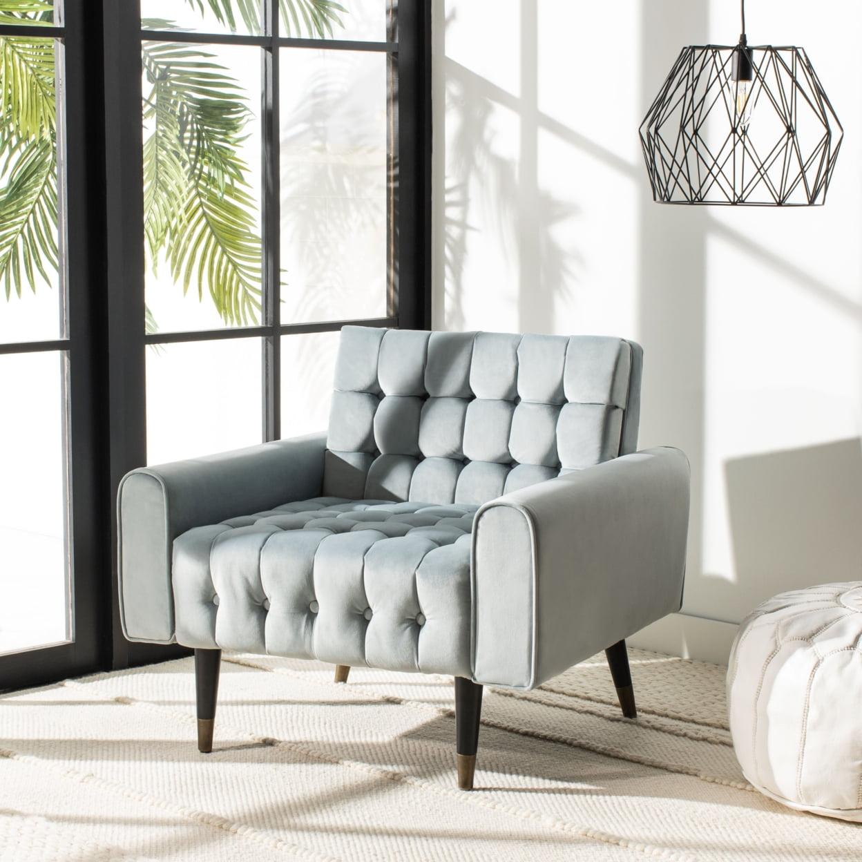 Slate Blue Velvet Tufted Accent Chair with Vintage Black Legs