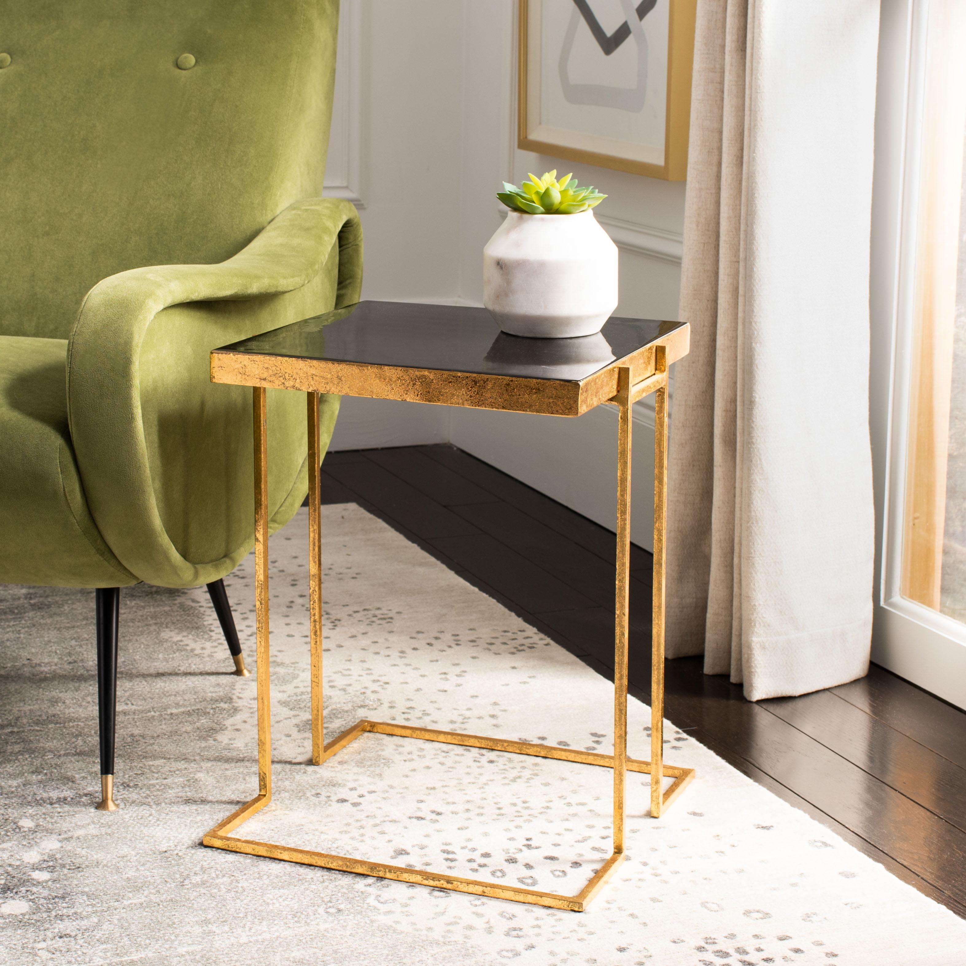 Transitional Greek Key 15'' Gold and Black Metal Side Table