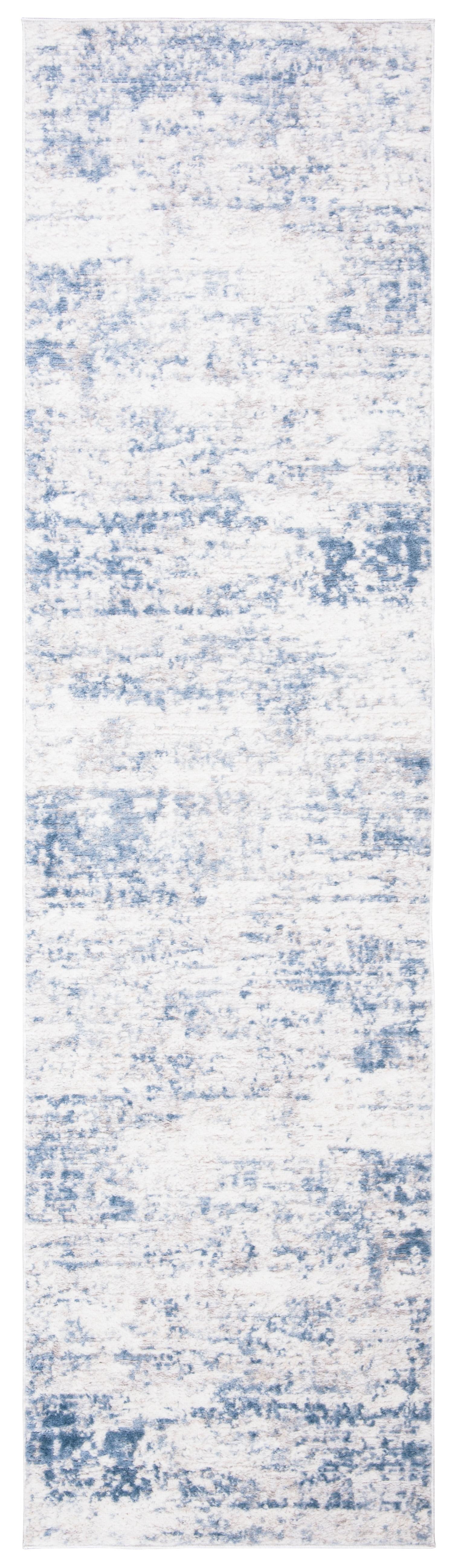 Ivory and Blue Abstract Synthetic 2'2" x 22' Runner Rug