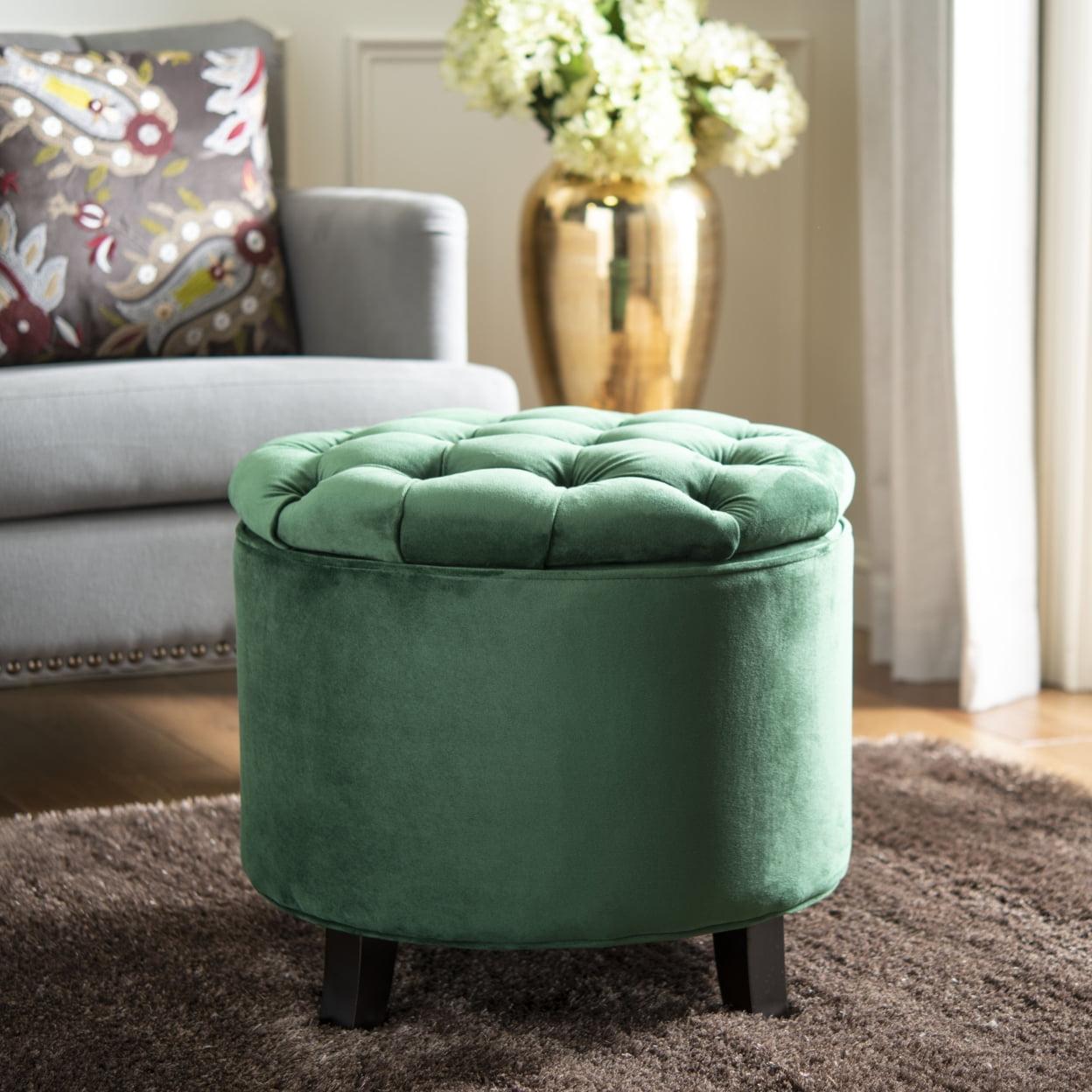 Emerald Green Tufted Round Storage Ottoman with Oak Legs