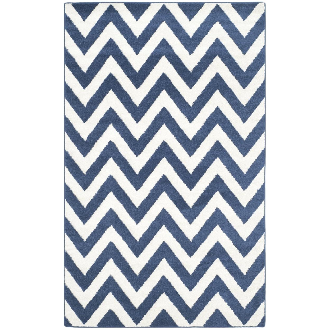 Navy and Beige Chevron Pattern Rectangular Rug