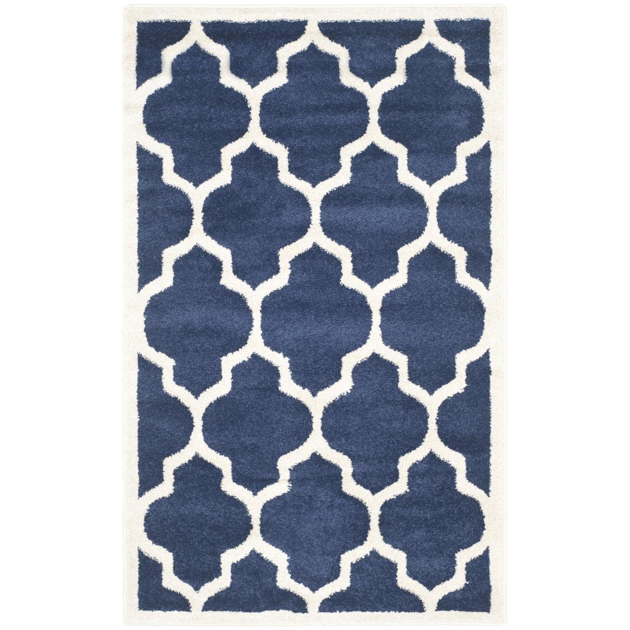 Navy and Beige 36" Square Geometric Synthetic Area Rug