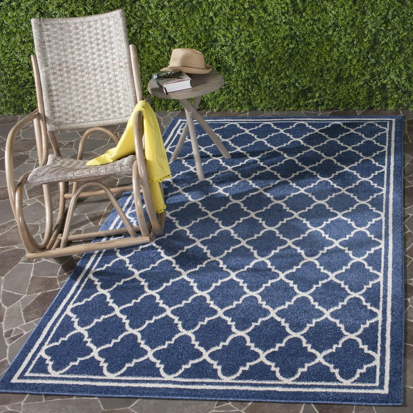 Navy and Beige Geometric Outdoor Area Rug