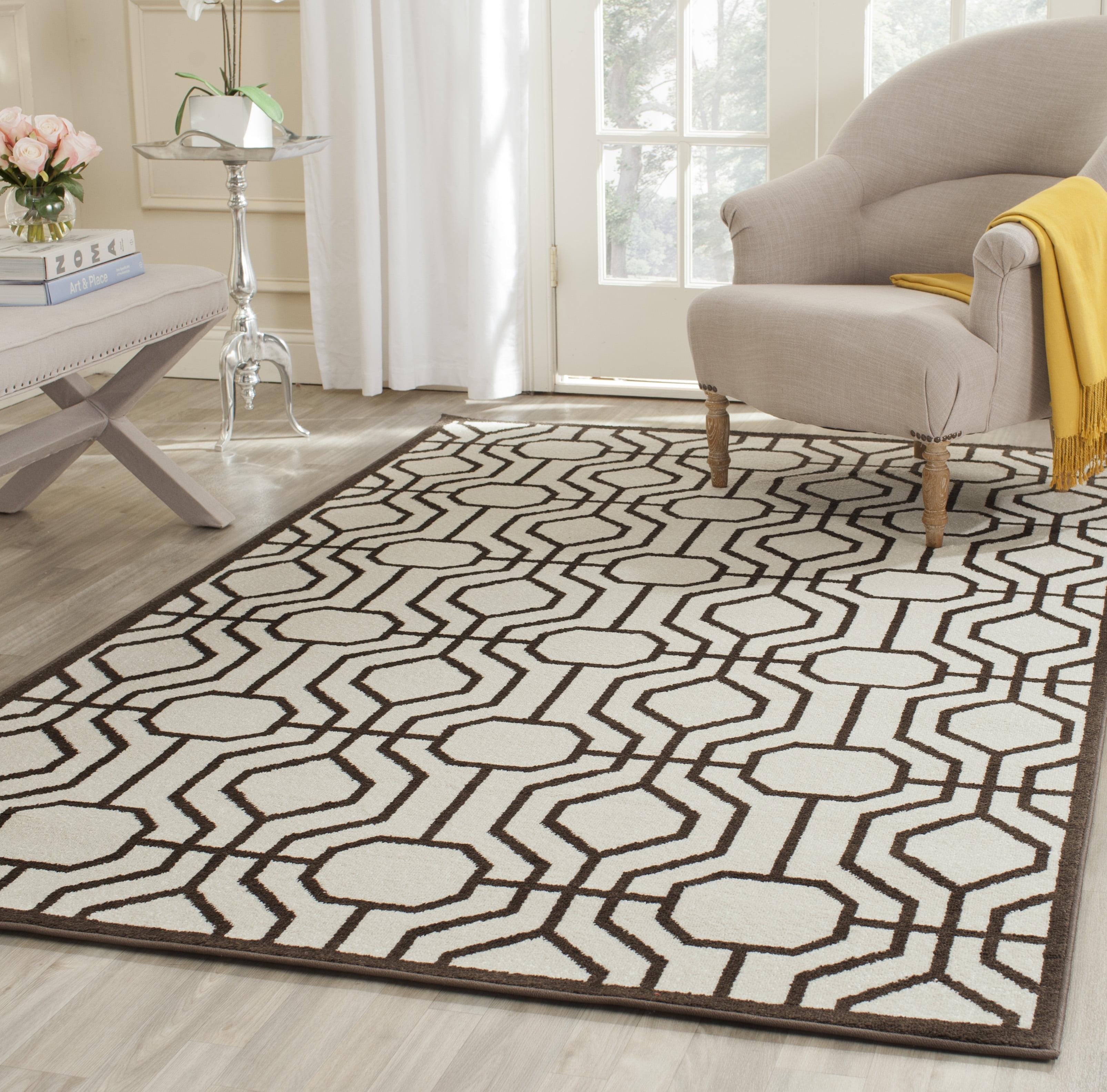 Ivory & Brown Geometric 7' Square Synthetic Easy-Care Area Rug