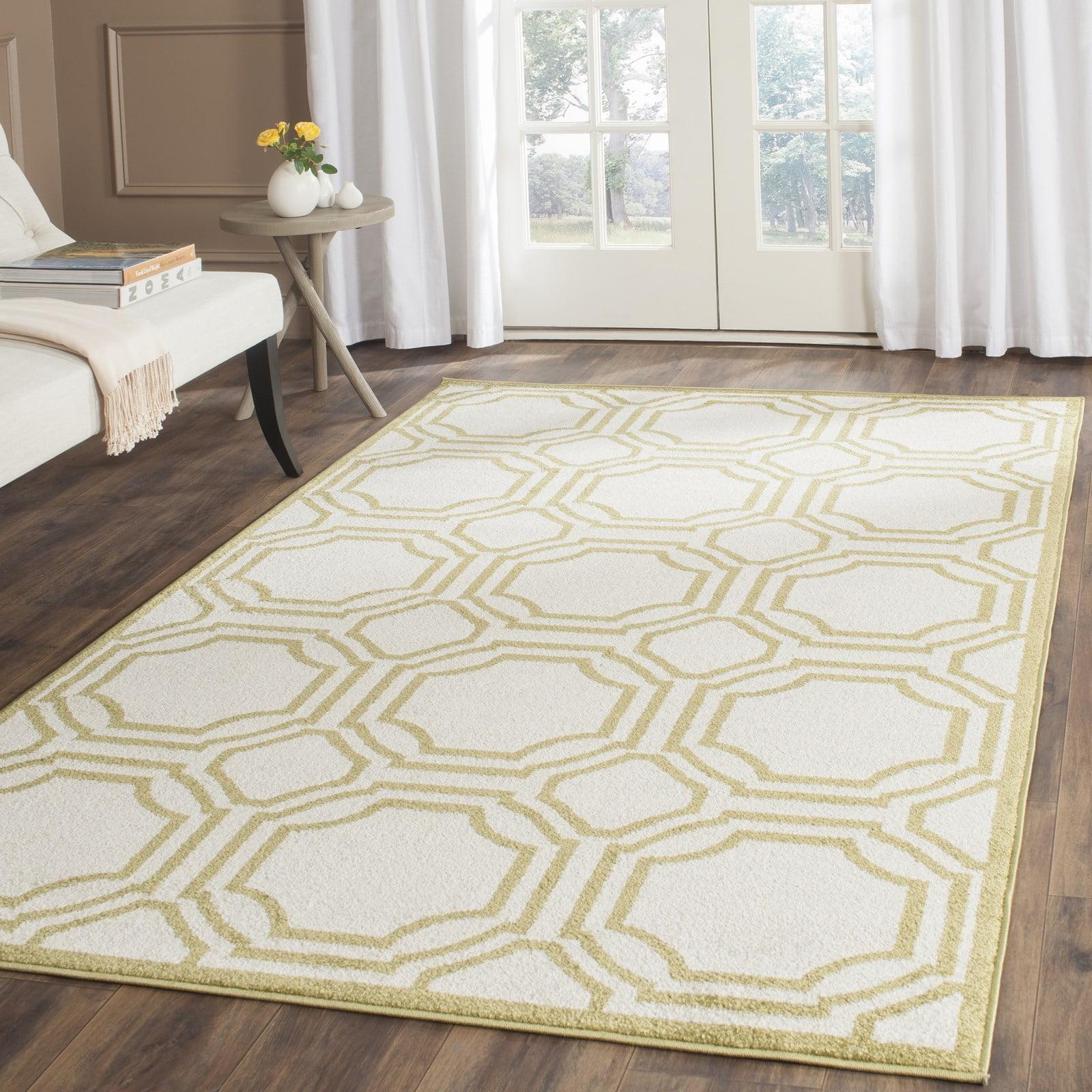 Ivory and Light Green Geometric Cotton Area Rug