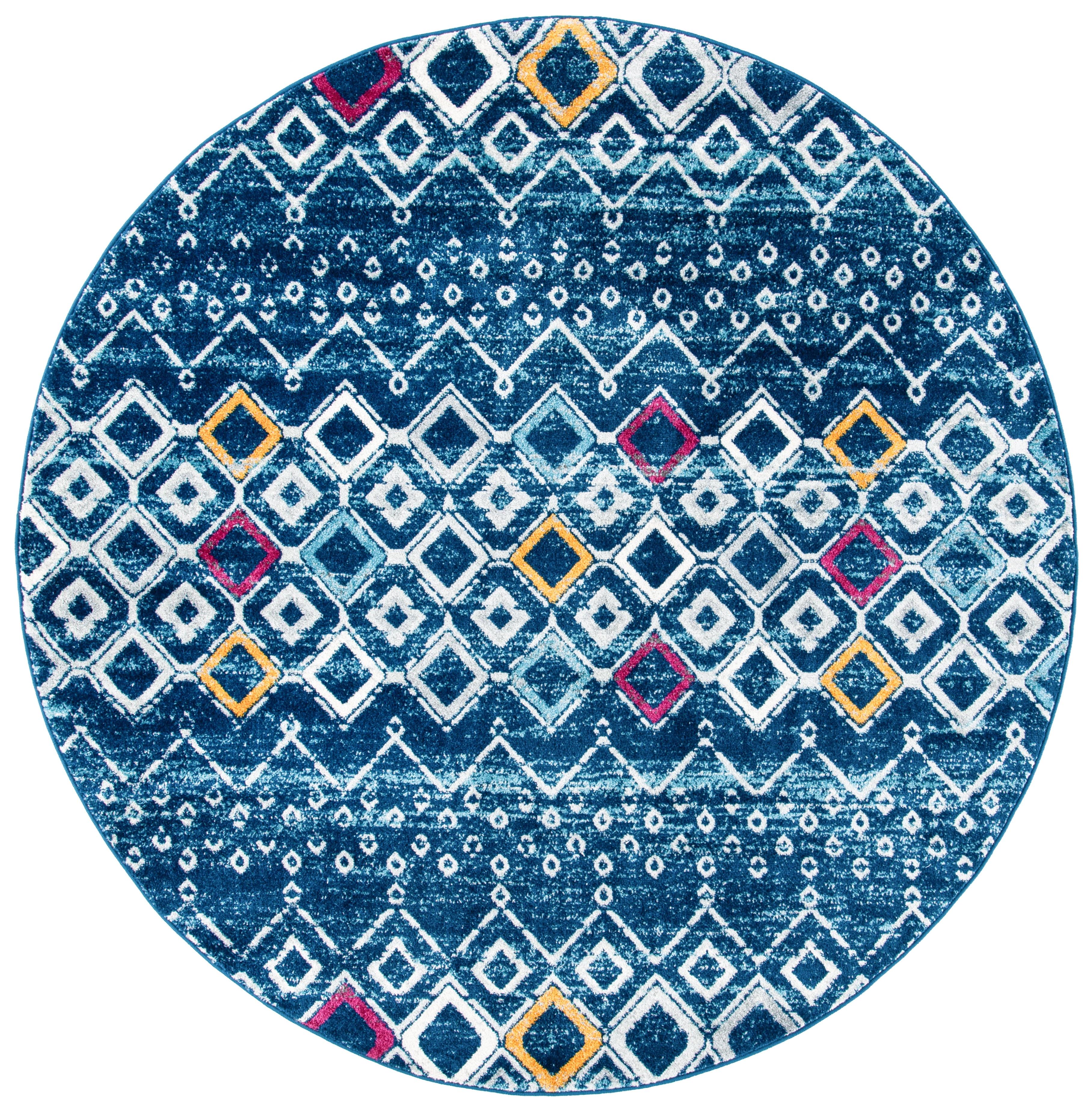 Navy and Turquoise Round Geometric Synthetic Area Rug