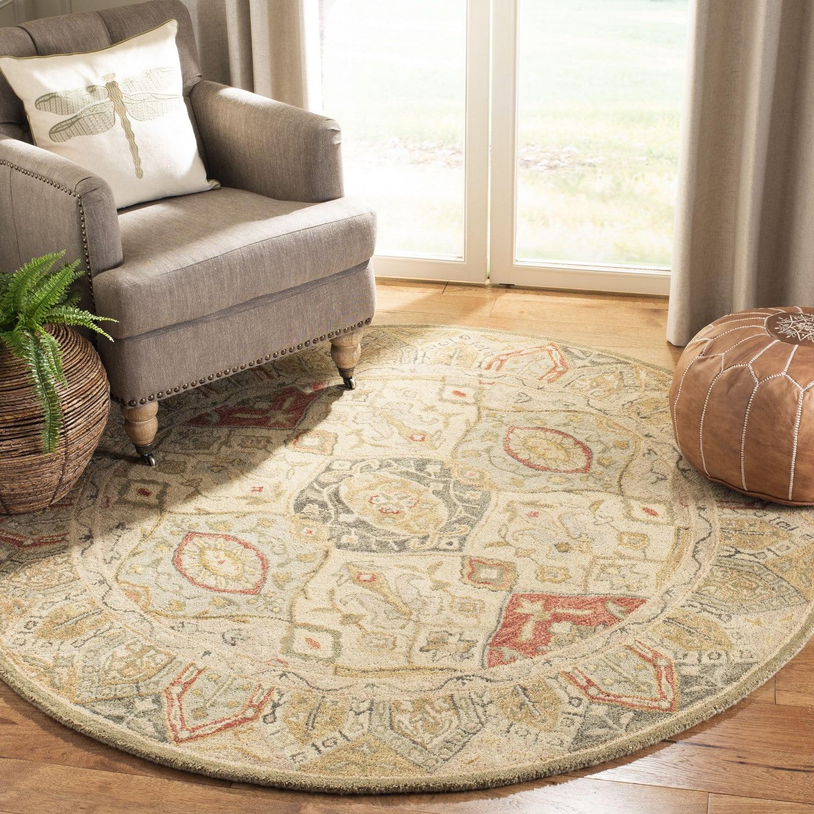 Handmade Round Beige and Red Wool Tufted Area Rug