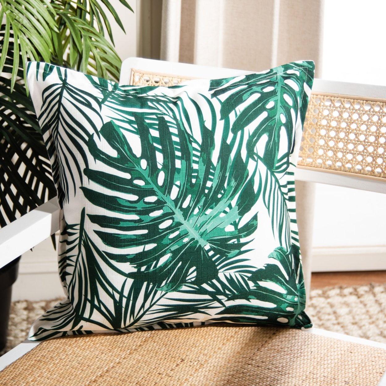 Green and White Tropical Palm Leaf Square Pillow