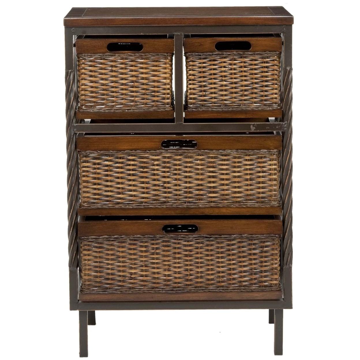 Andrew Dark Teak 4-Drawer Storage Unit with Rattan Baskets