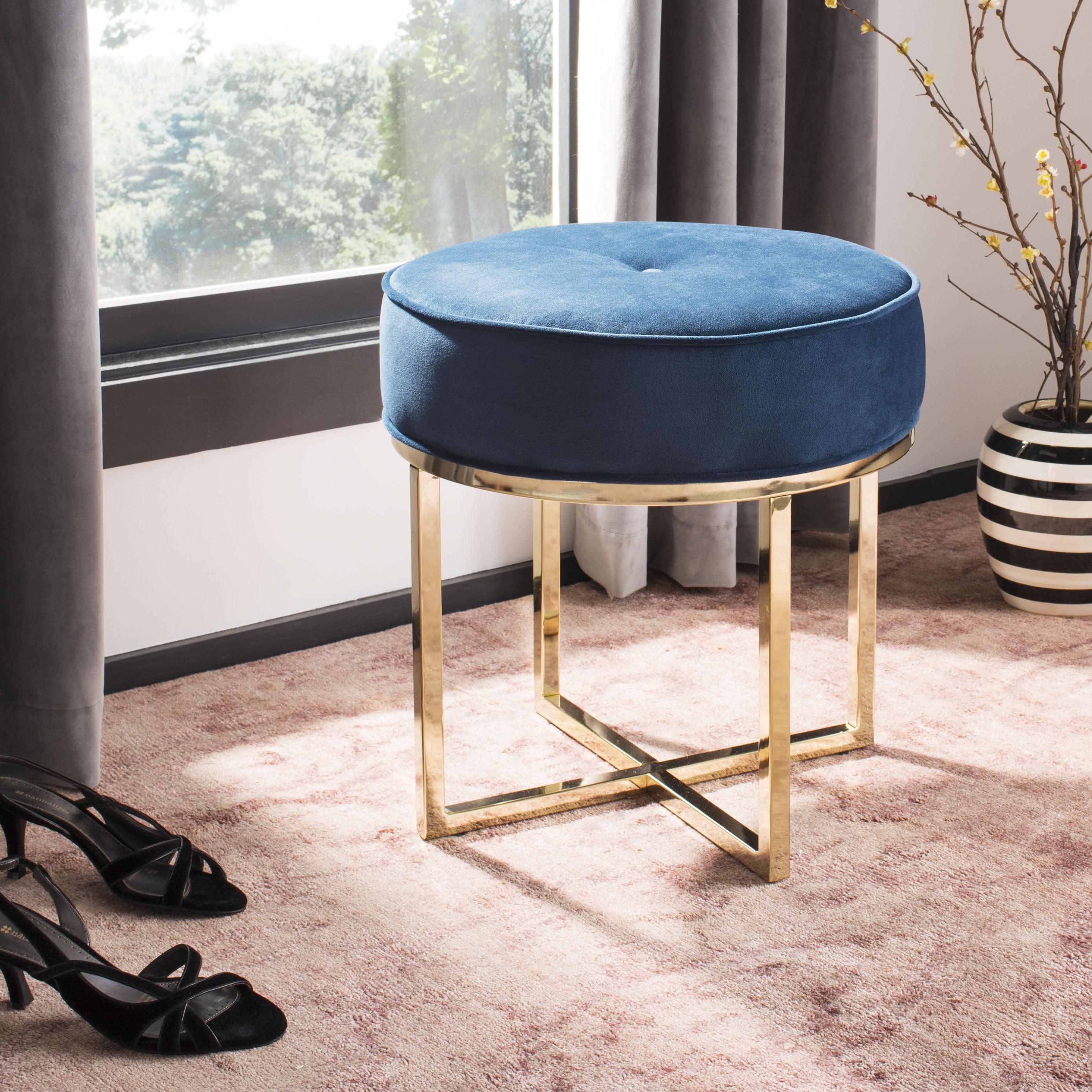 Navy Velvet Round Storage Ottoman with Brass Legs