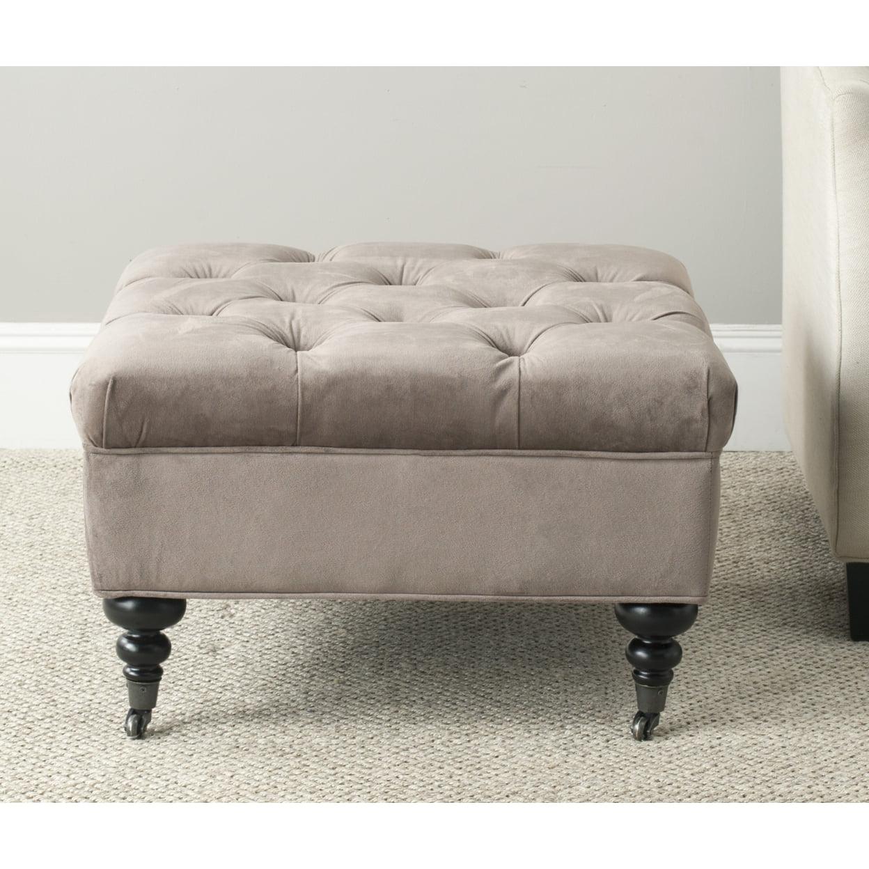 Angeline Gray Tufted Cotton Ottoman with Birchwood Legs