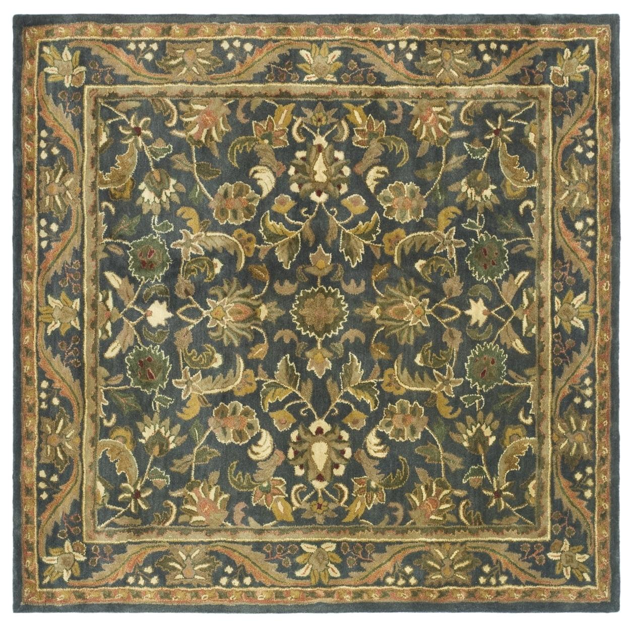 Elegant Blue and Gold Handmade Wool Square Rug, 6' x 6'