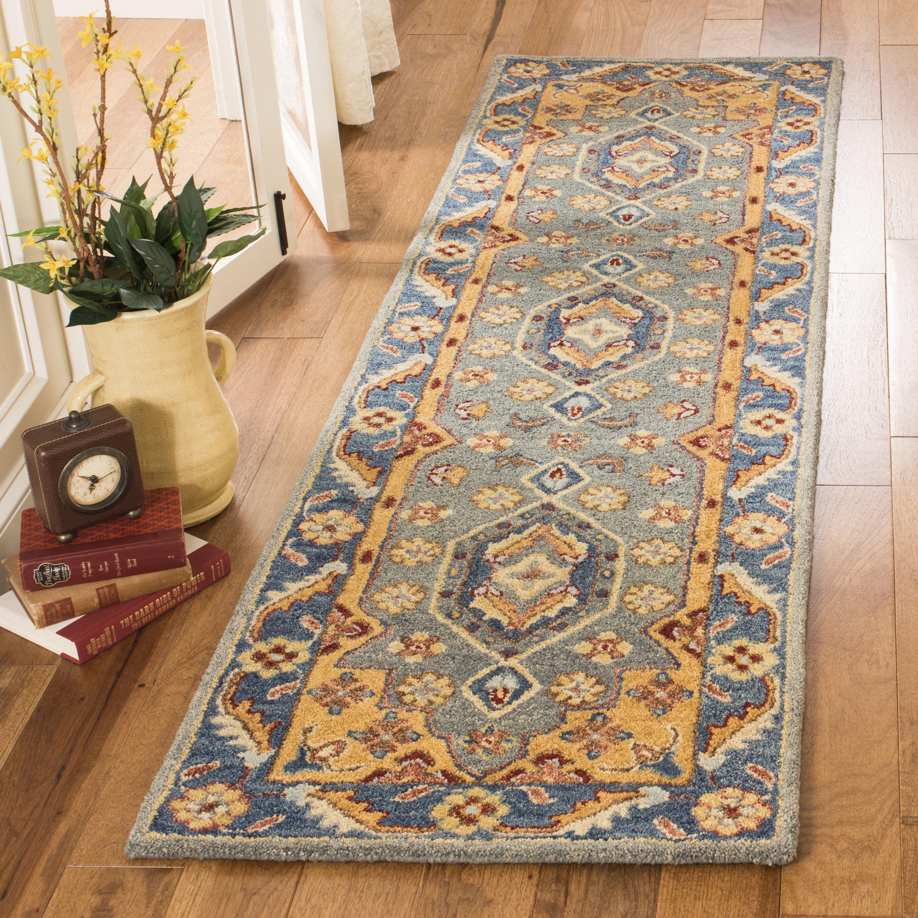 Blue and Gold Wool Tufted Runner Rug, 2'3" x 8'