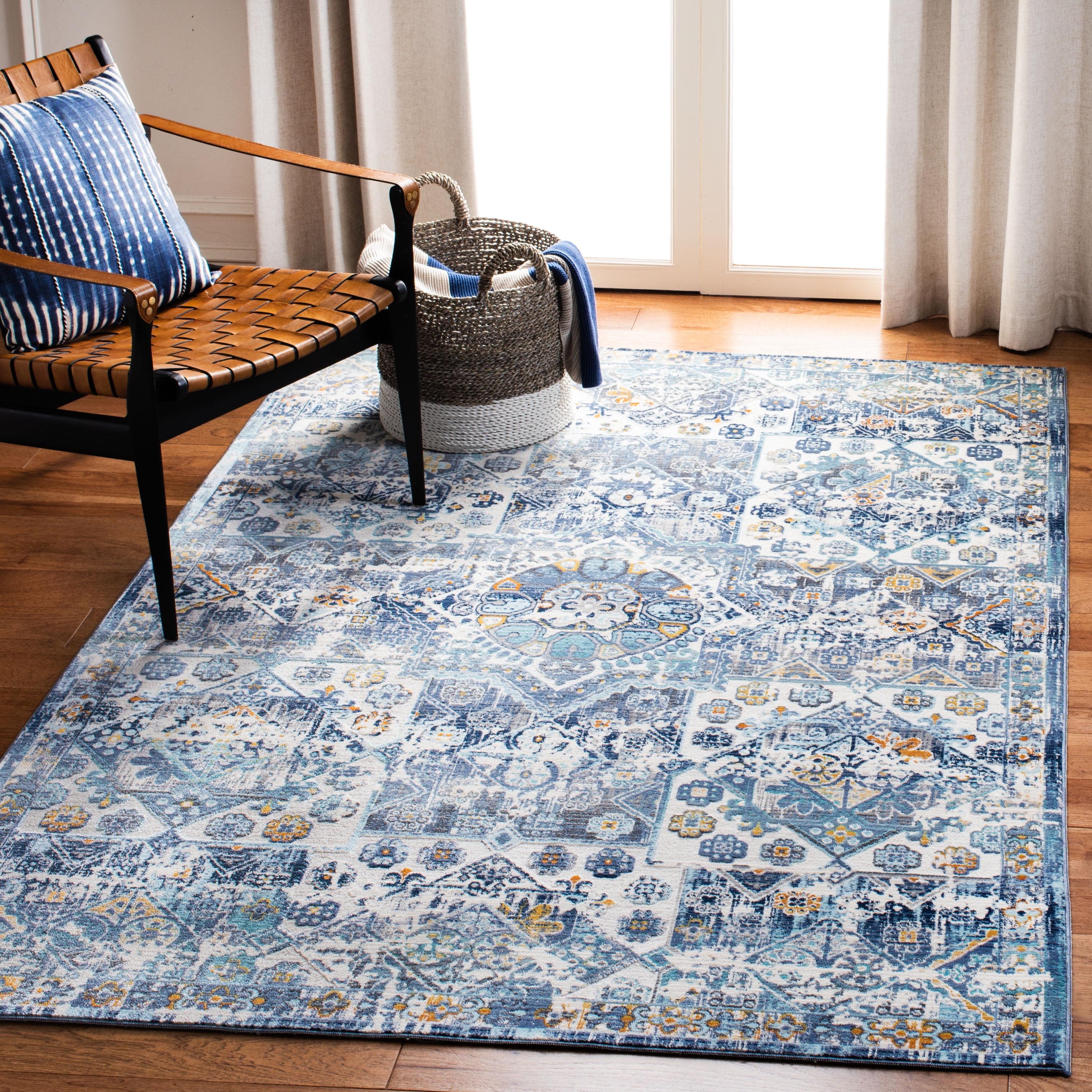 Ivory and Navy Floral Geometric Wool Area Rug