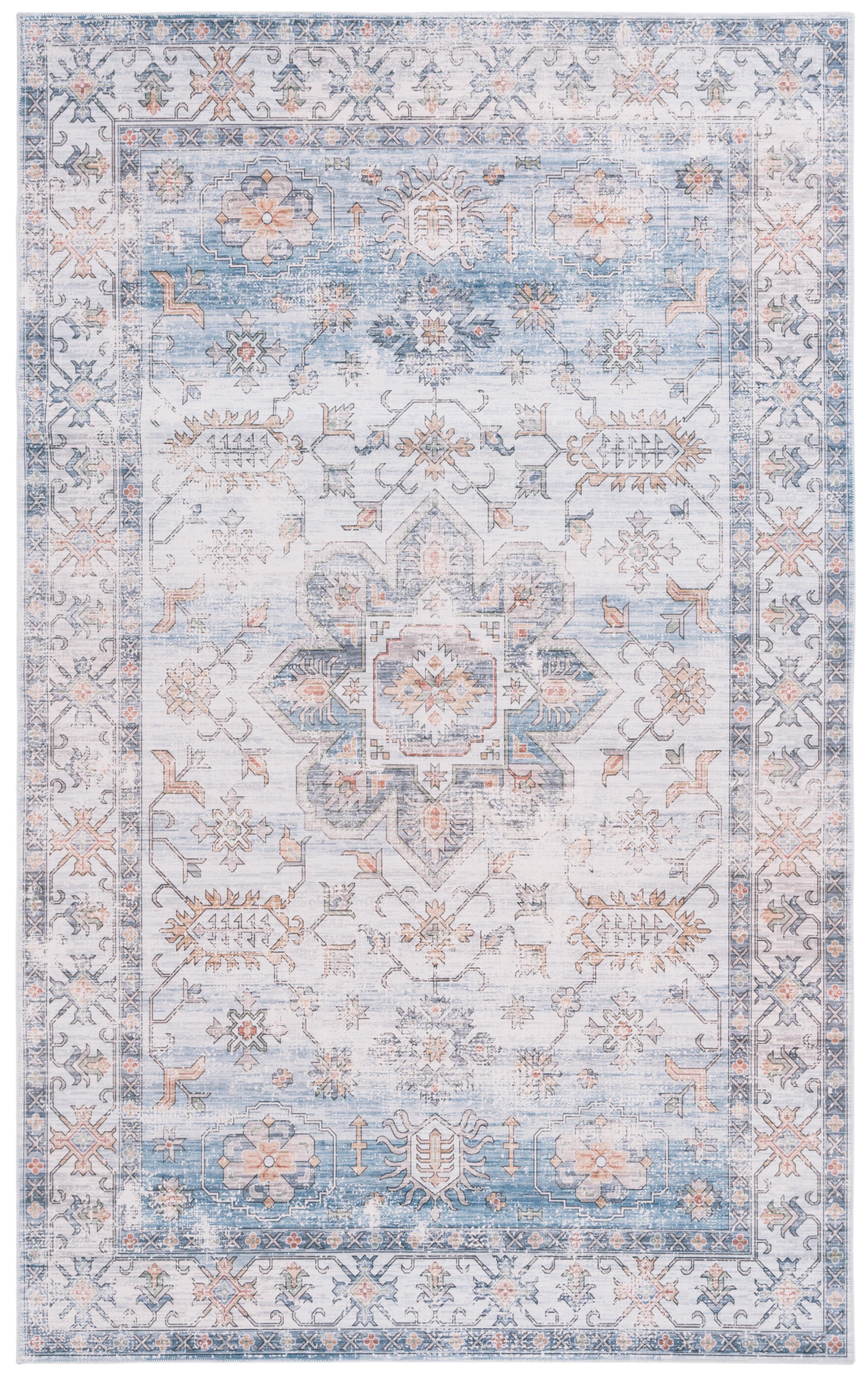 Ivory and Light Blue Weathered Medallion Washable Area Rug