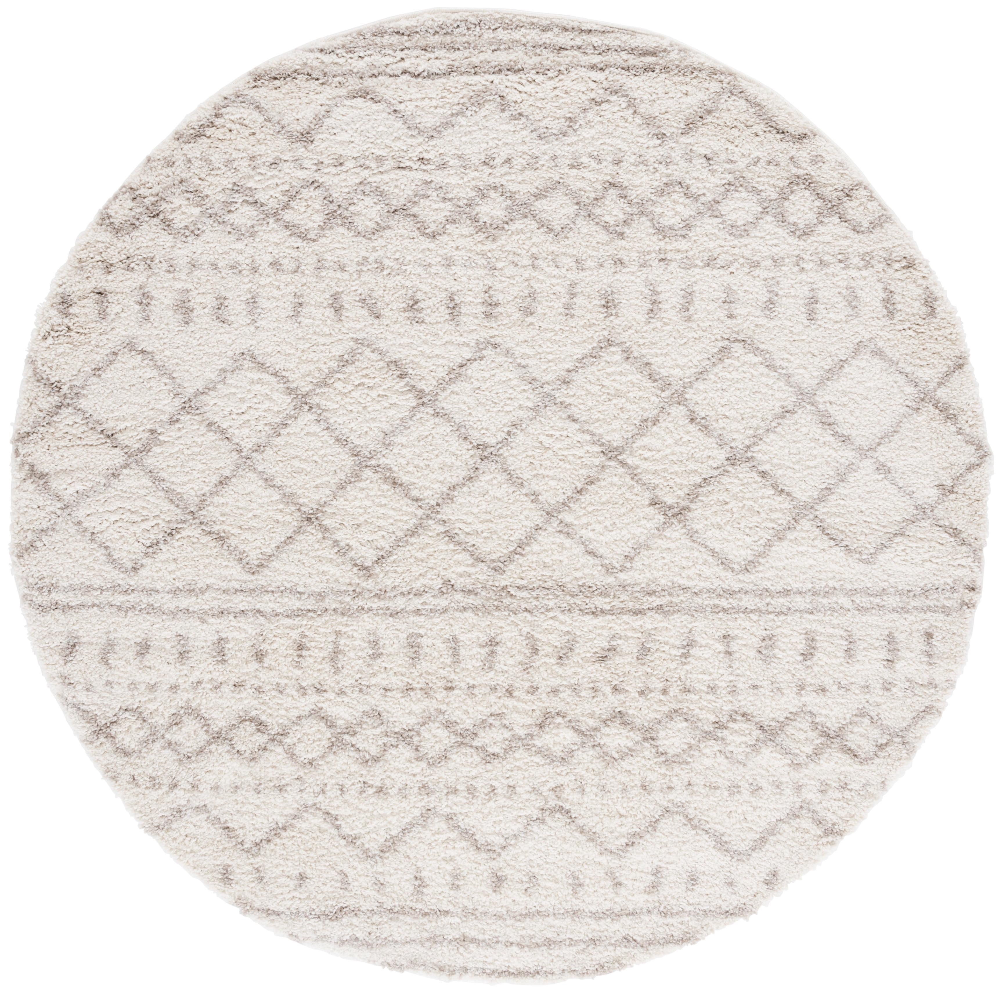 Ivory Beige Round Shag Rug with Geometric Pattern