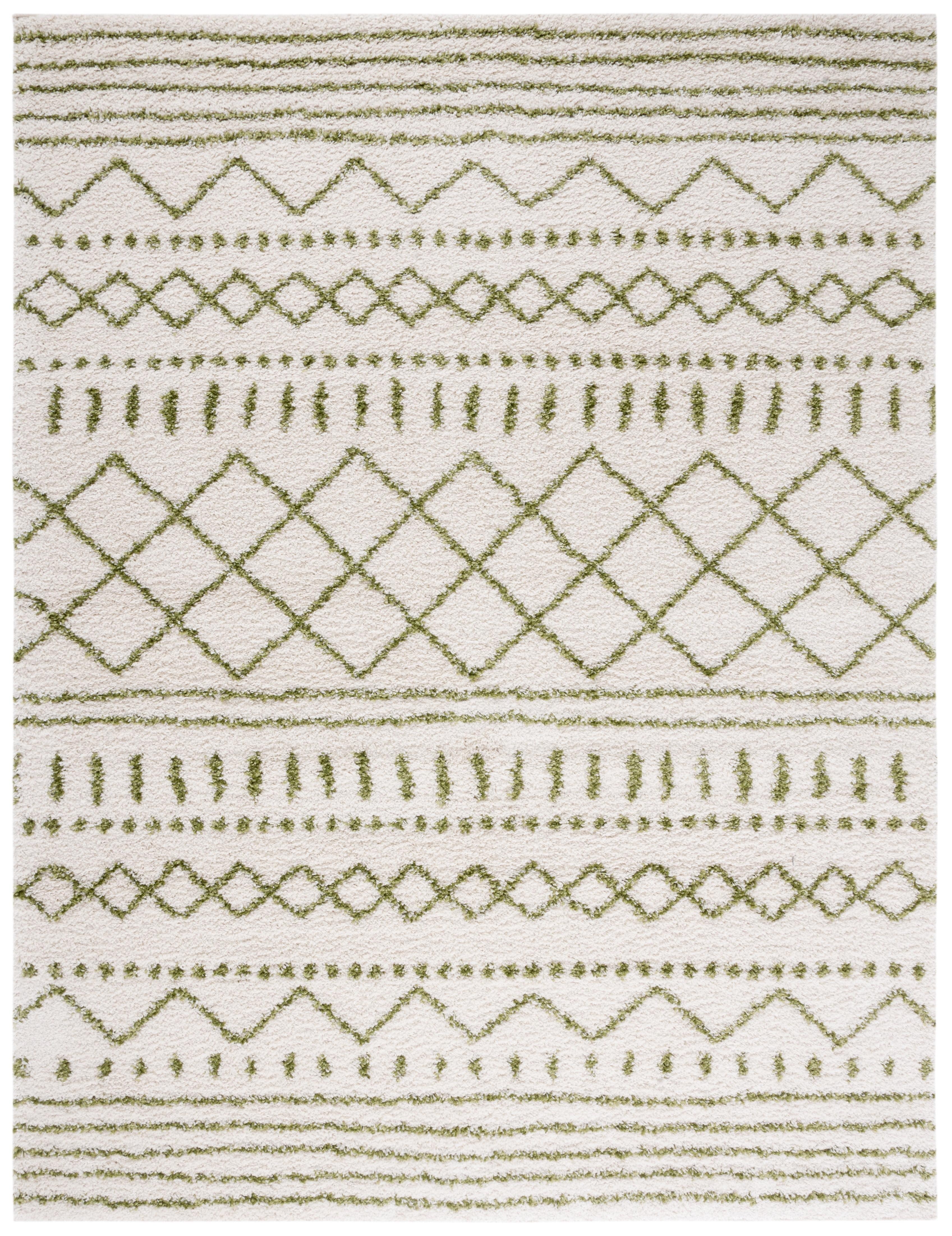 Ivory and Green Rectangular Shag Area Rug 9' x 12'