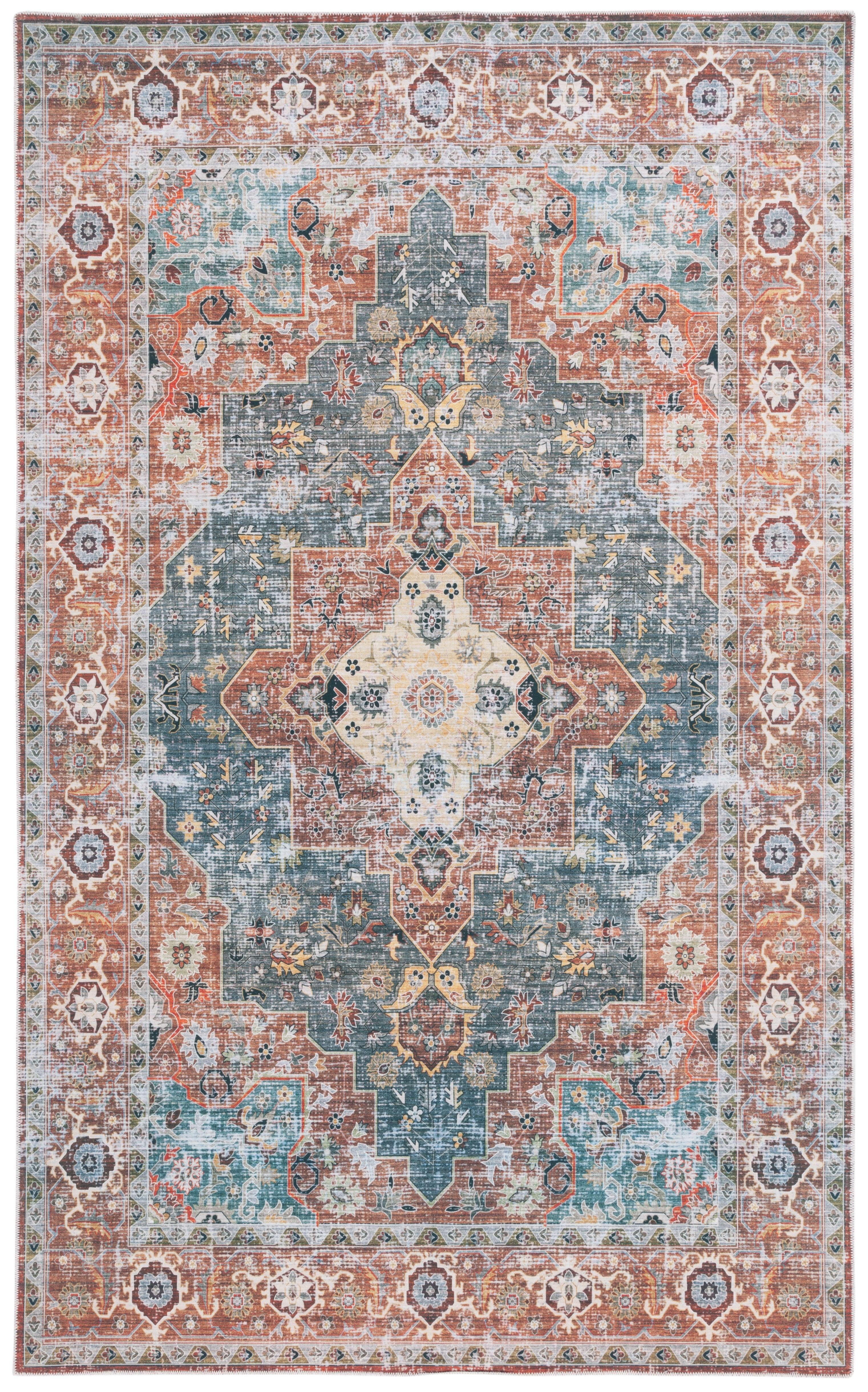 Rust and Blue Green 4' x 6' Synthetic Washable Area Rug