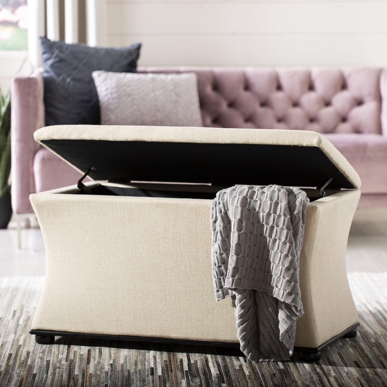 Beige Linen Transitional Storage Bench with Black Legs