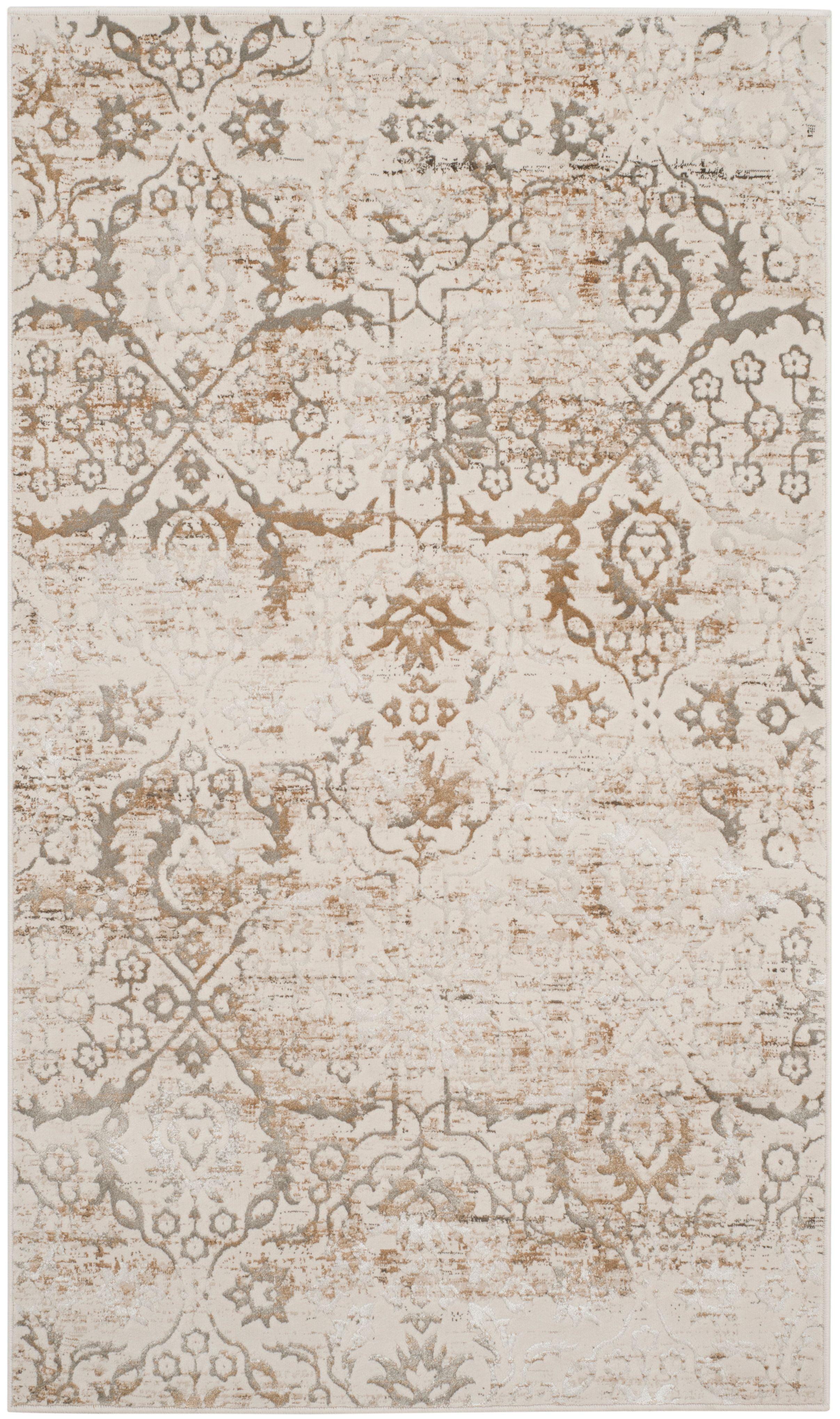 Grey and Cream Hand-Knotted Viscose Area Rug, 3' x 5'