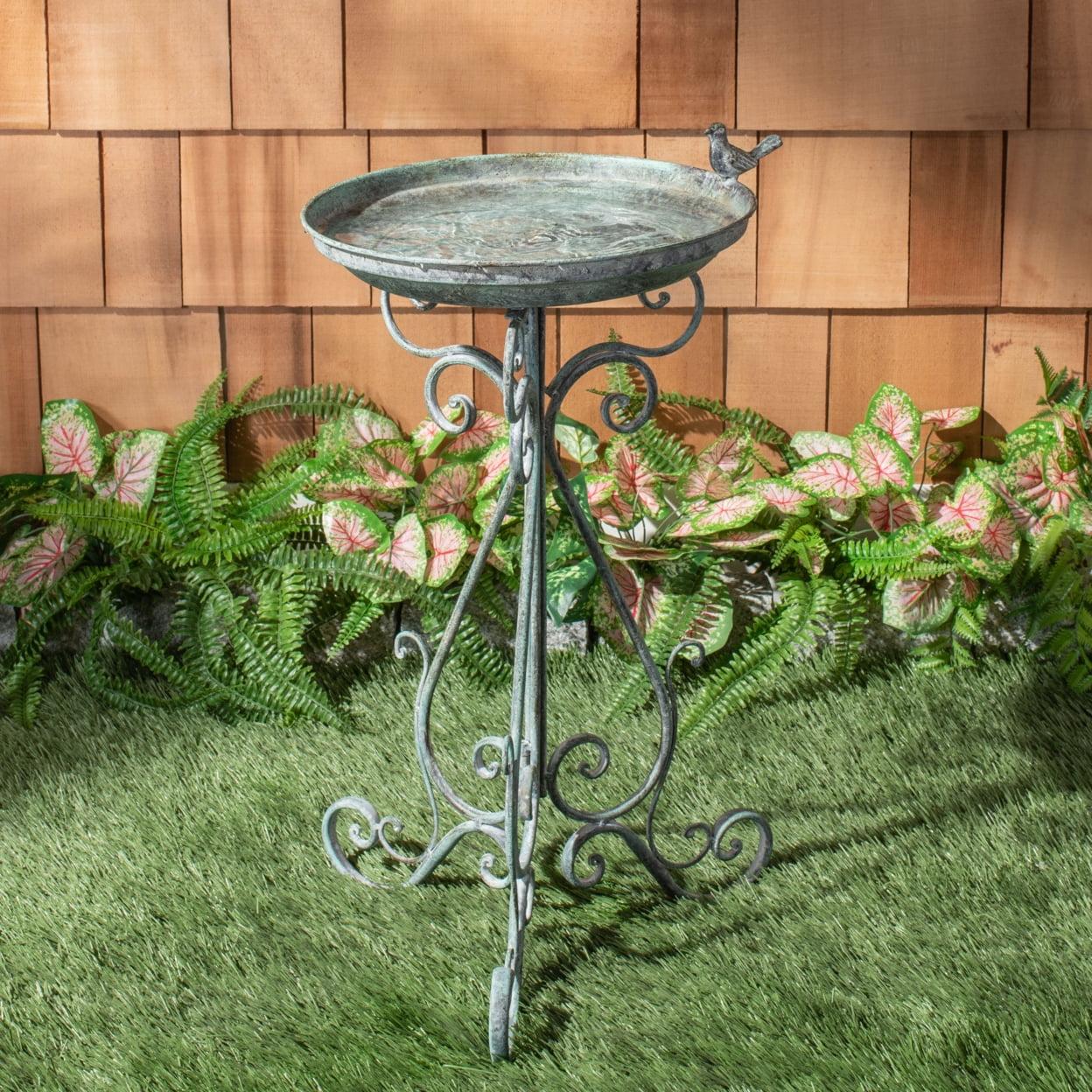 Ashlan Antique Dark Green Iron Bird Bath with Sculpted Bird