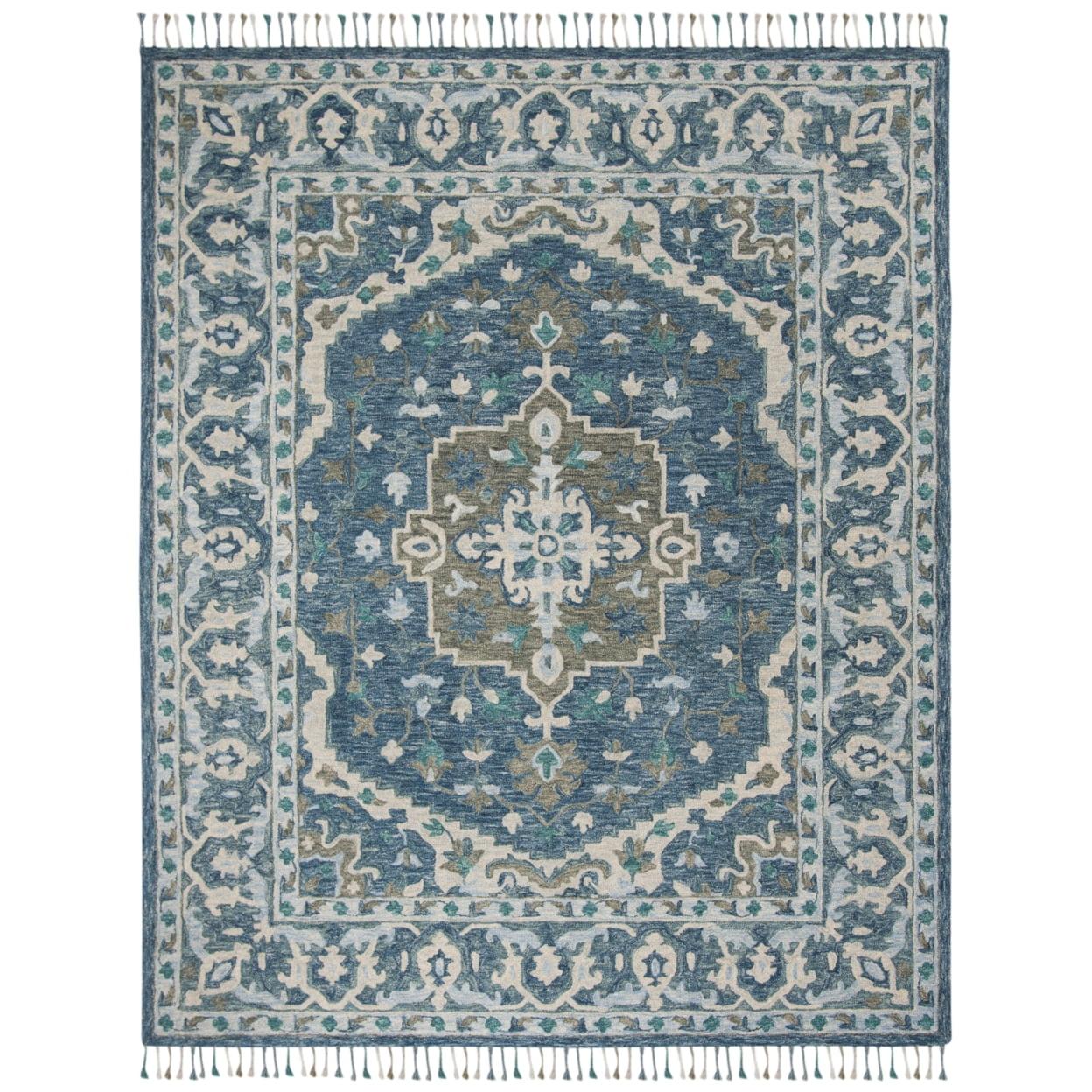 Bohemian Bliss Dark Blue Floral Hand-Tufted Wool Area Rug - 9' x 12'