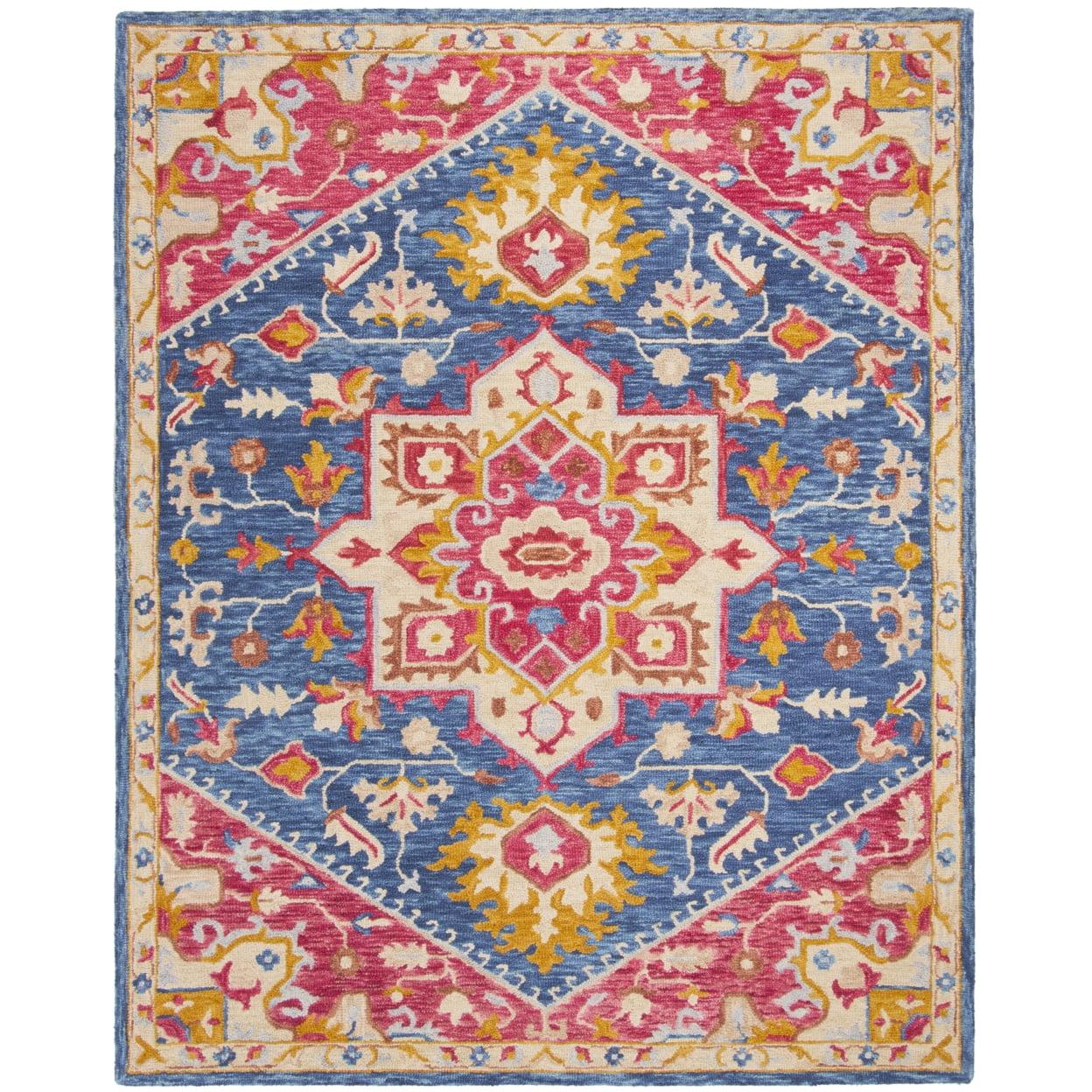 Navy and Fuchsia Square Wool Floral Area Rug