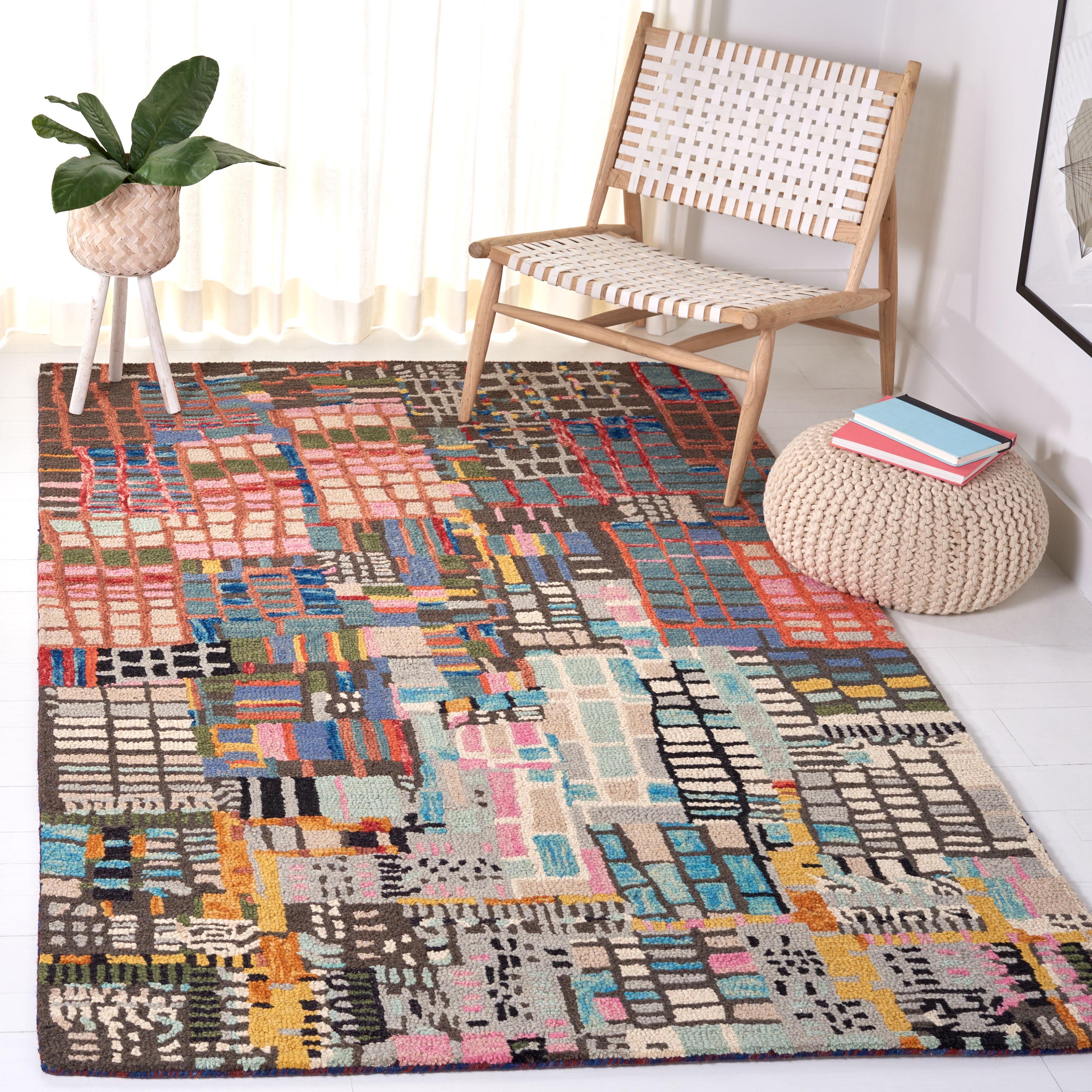 Ivory and Multicolor Geometric Wool Area Rug 4' x 6'