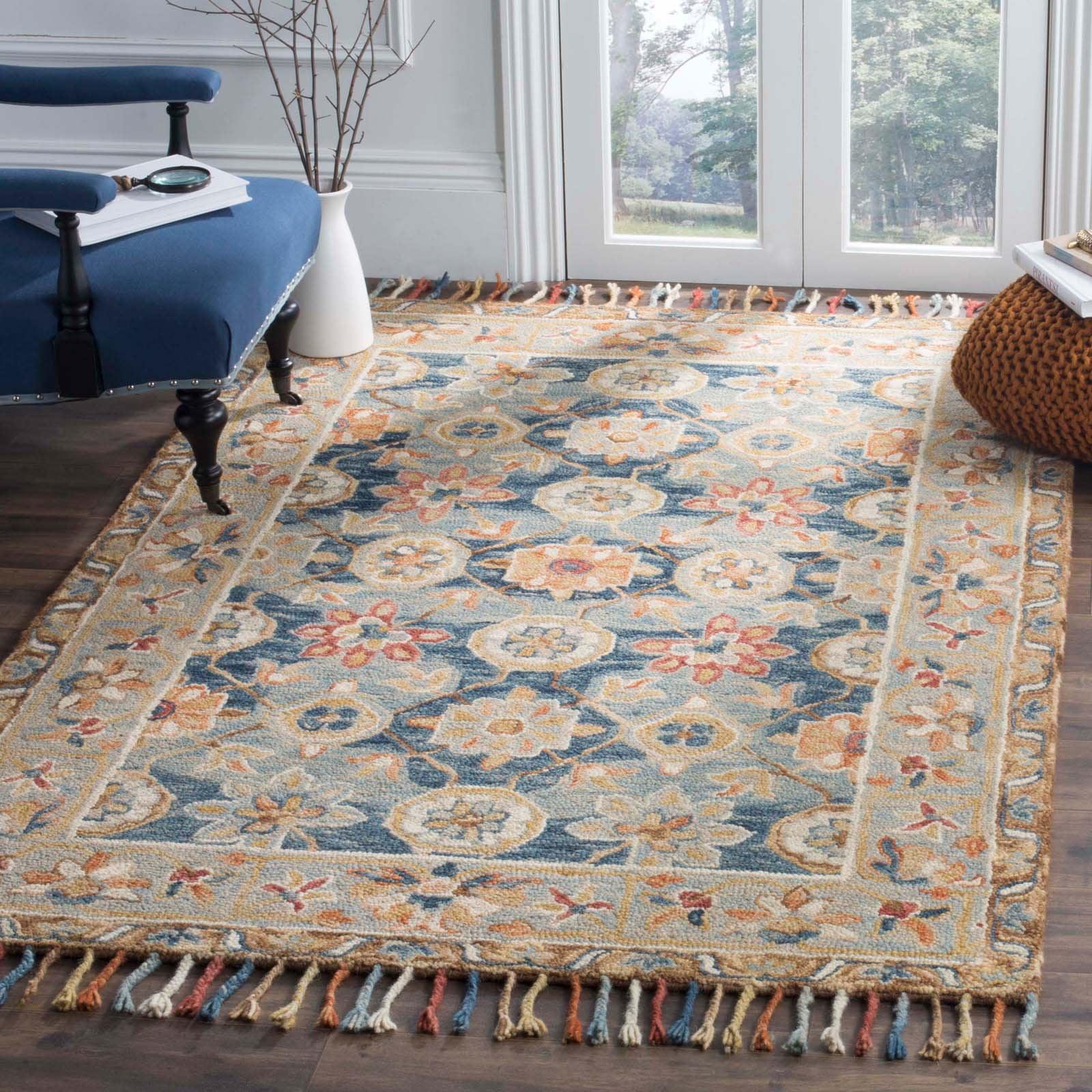 Gray and Navy Floral Handmade Wool Area Rug, 4' x 6'