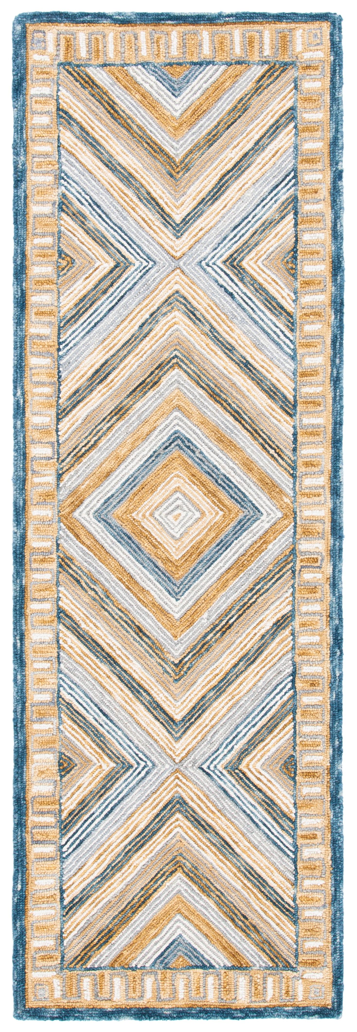 Handmade Blue Geometric Wool Tufted Runner Rug 2'3" x 9'