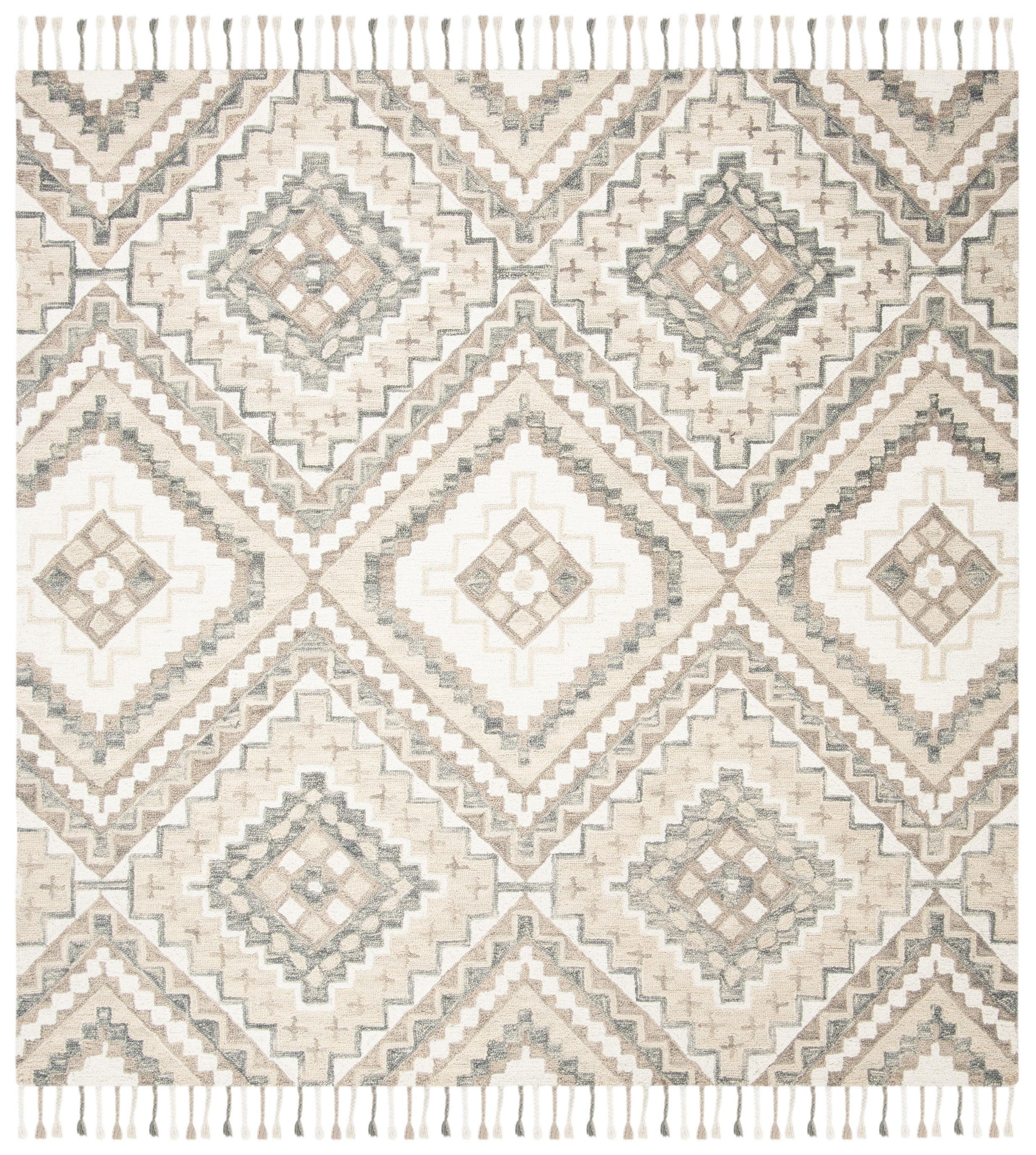 Ivory Geometric Tufted Wool 5' Square Area Rug