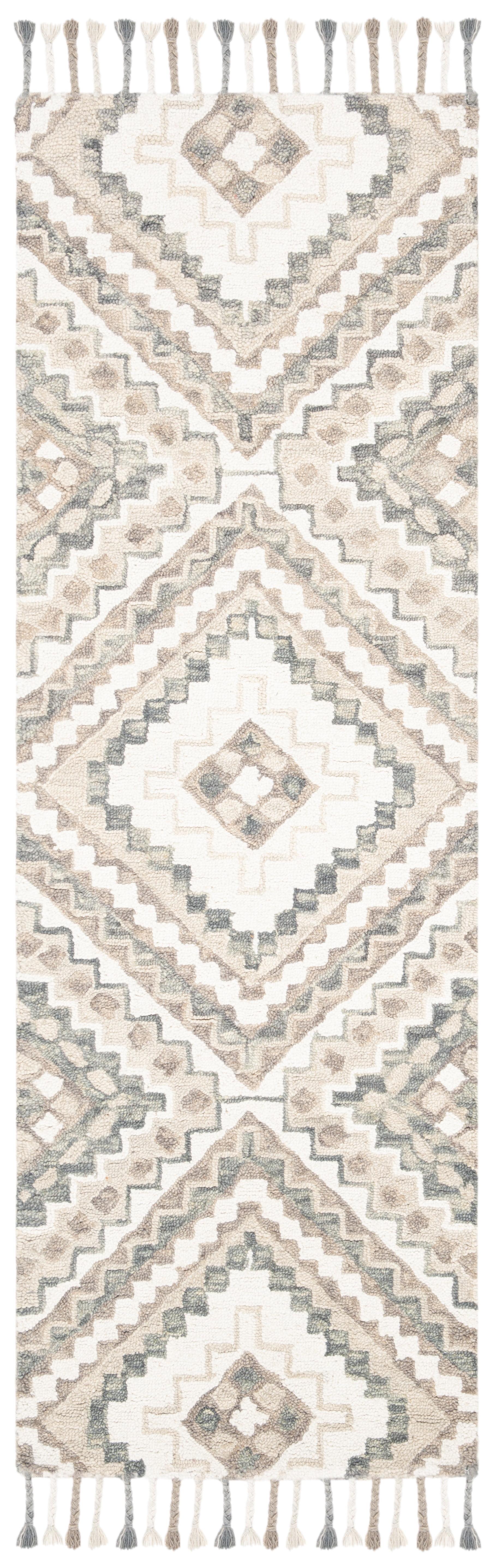 Ivory and Taupe Geometric Wool Runner Rug with Fringe