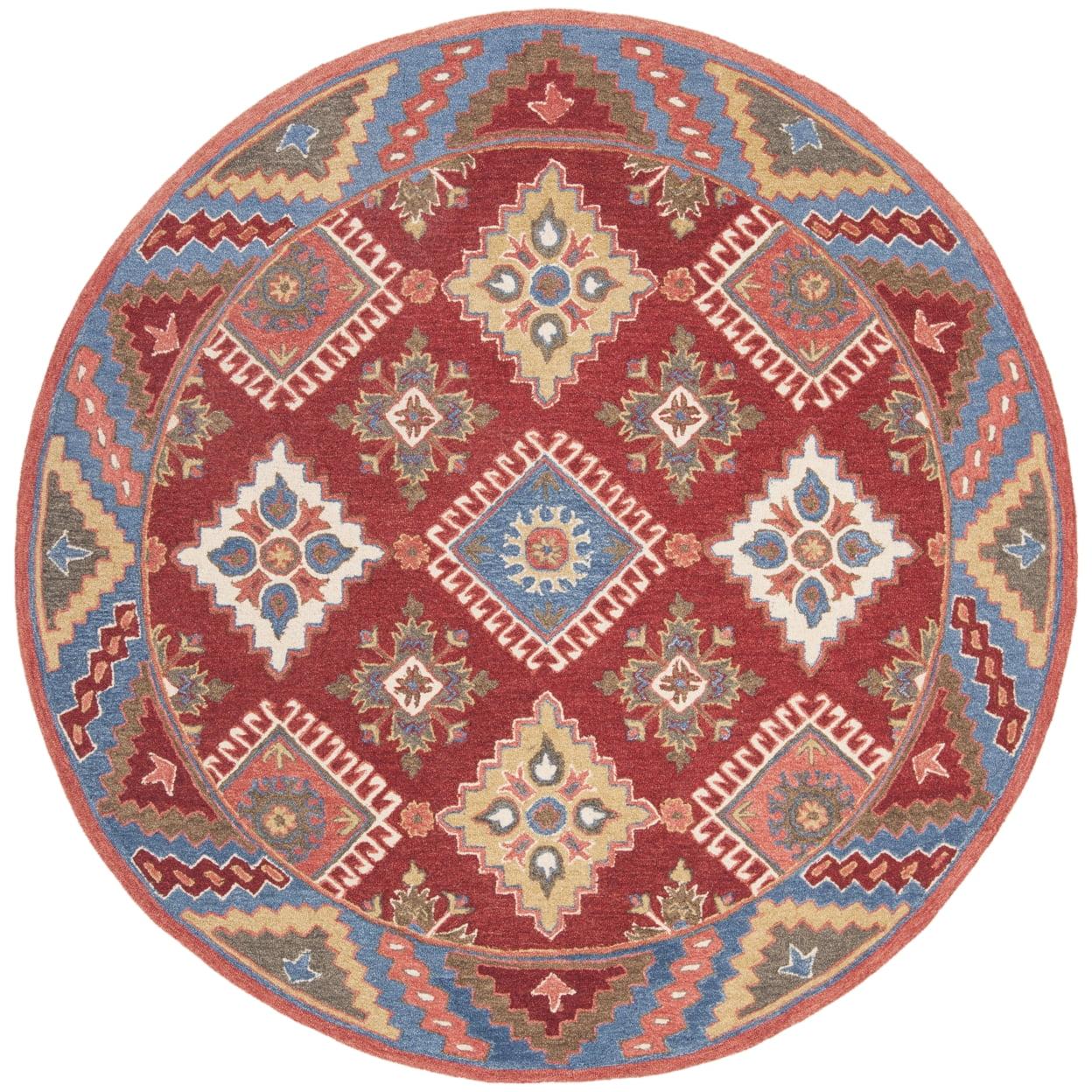 Handmade Rustic-Chic Red and Blue Wool Round Rug