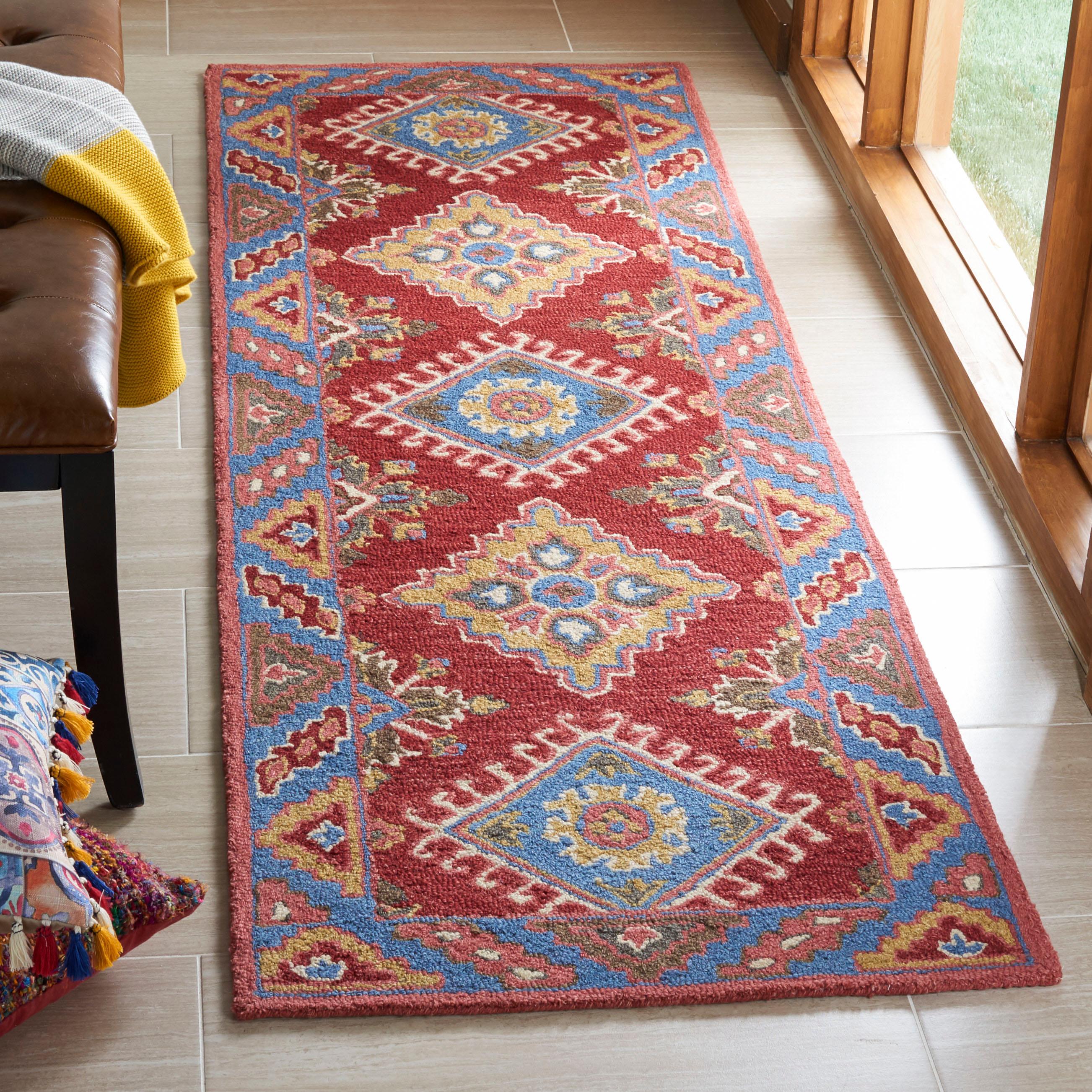 Rustic-Chic Red and Blue Geometric Wool Runner Rug - Handmade