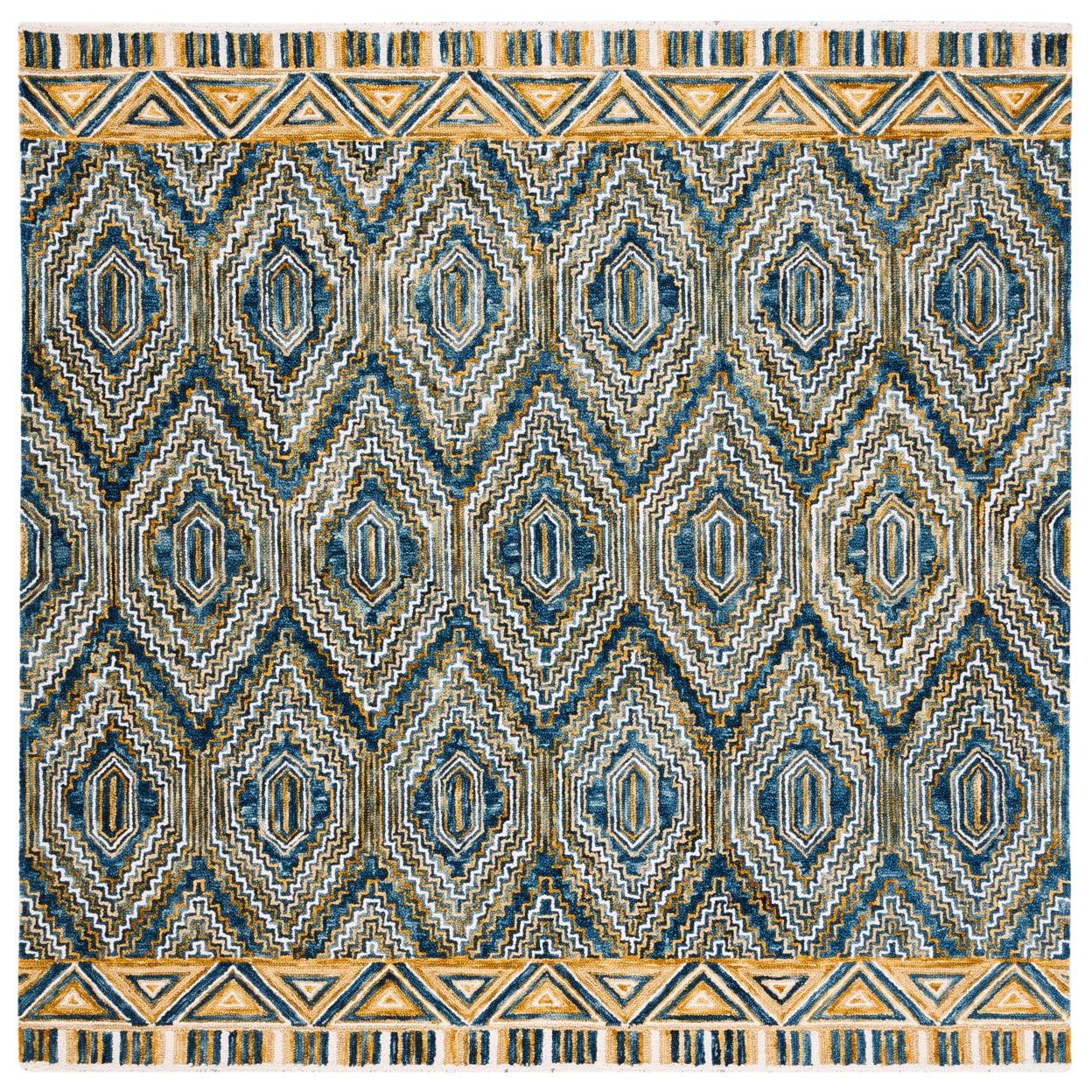 Handmade Boho Chic Blue Geometric Square Wool Rug 7'