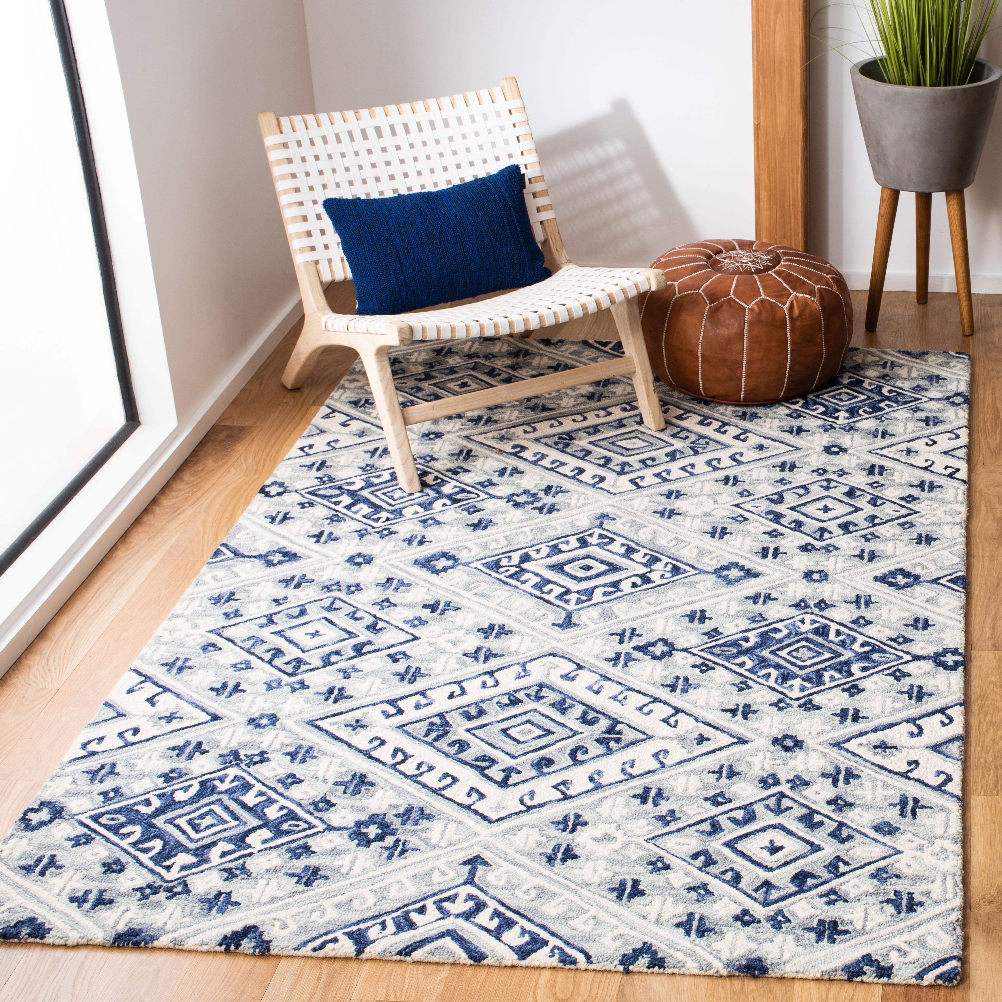 Handmade Tufted Geometric Blue Wool Area Rug 4' x 6'