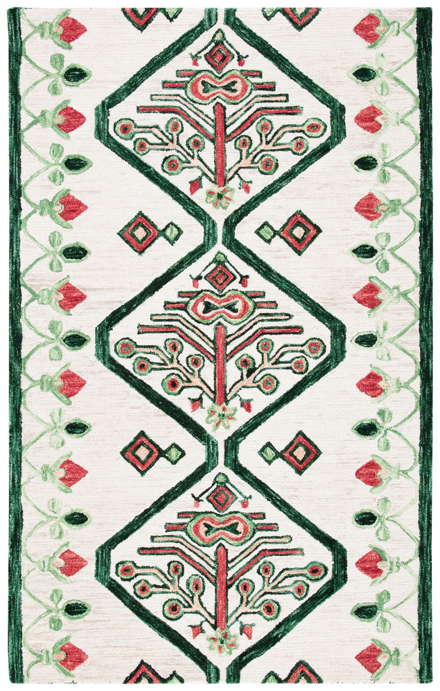 Ivory and Green Hand-Tufted Wool Area Rug 4' x 6'