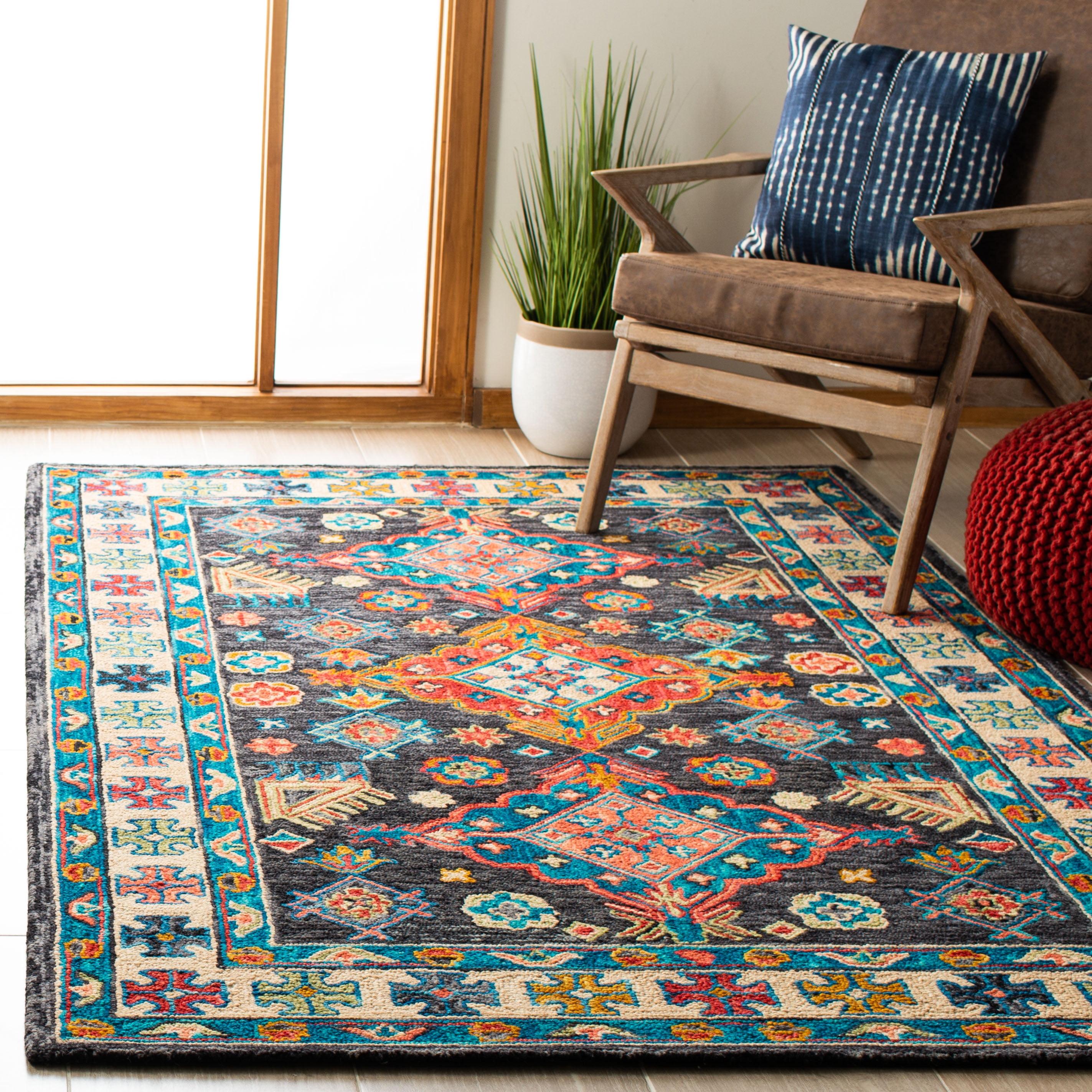 Handmade Blue Floral Wool Area Rug 4' x 6'